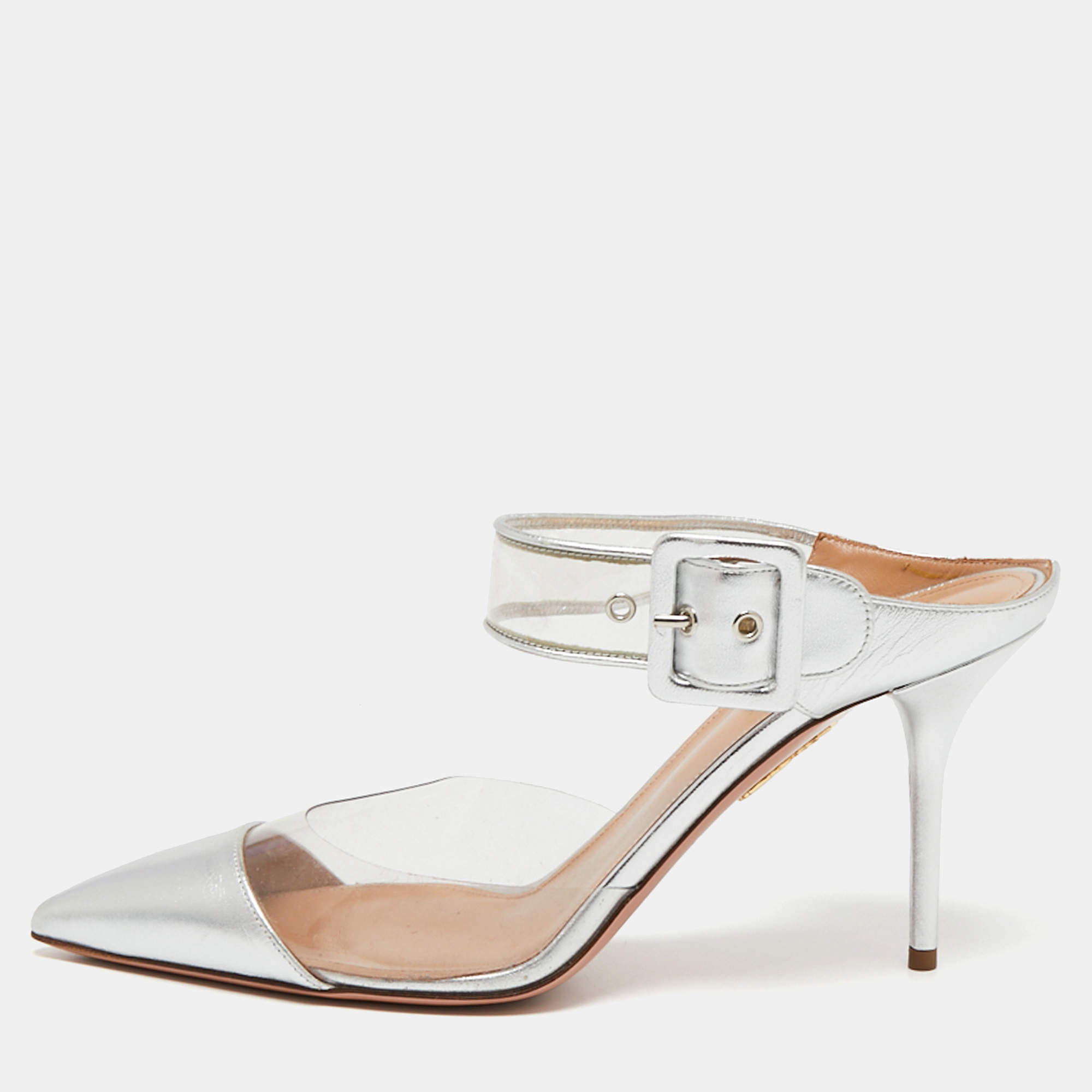 Pre Owned Aquazzura Silver Leather and PVC Optic Pointed-Toe Mules Size 40
