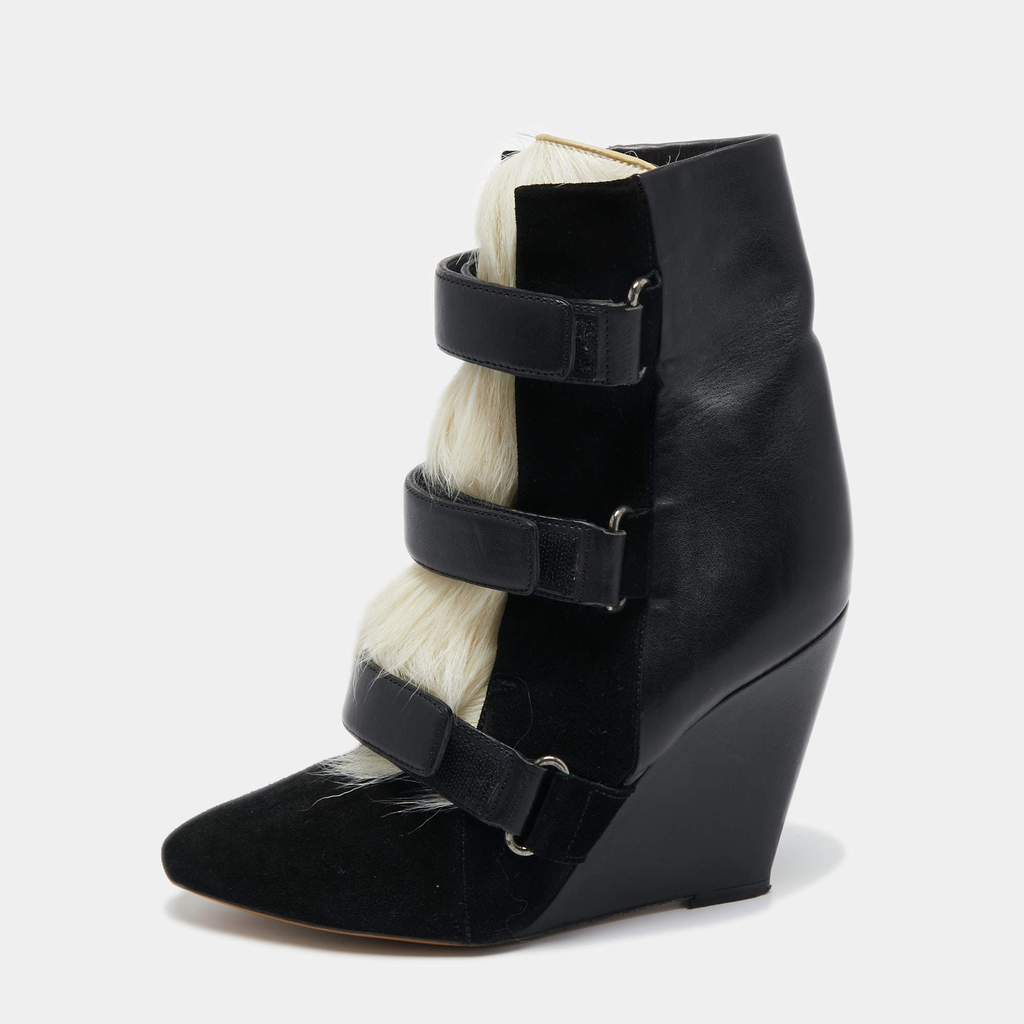 Pre Owned Aquazzura Black Leather and Suede Wedge Ankle Boots Size 40