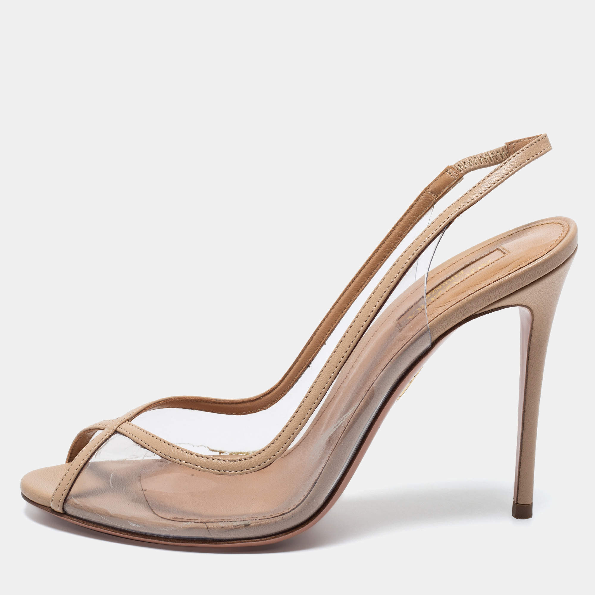 Pre Owned Aquazzura Beige Leather and PVC Slingback Sandals Size 37