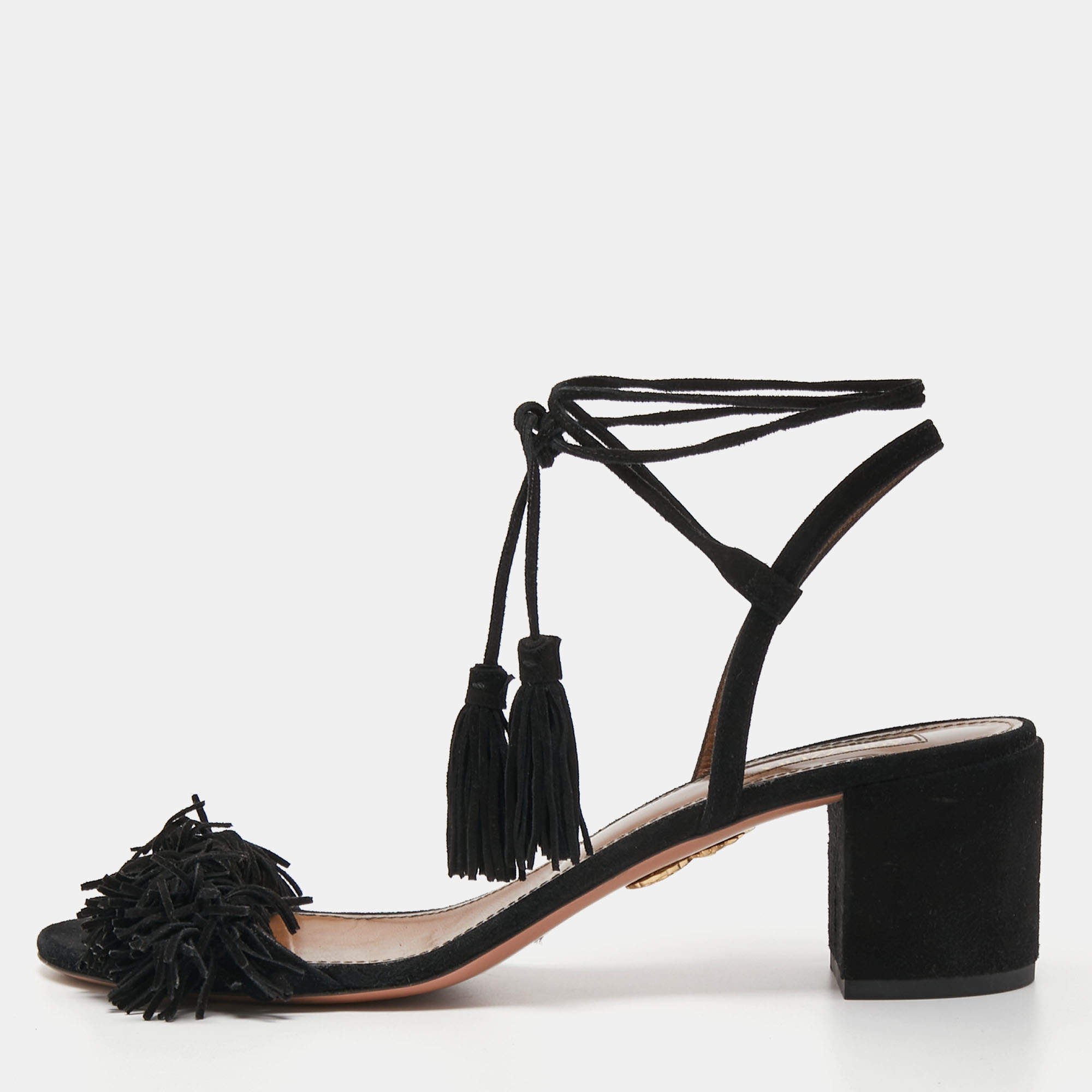 Pre Owned Aquazzura Black Suede Wild Thing Fringe Ankle Wrap Sandals Size 40