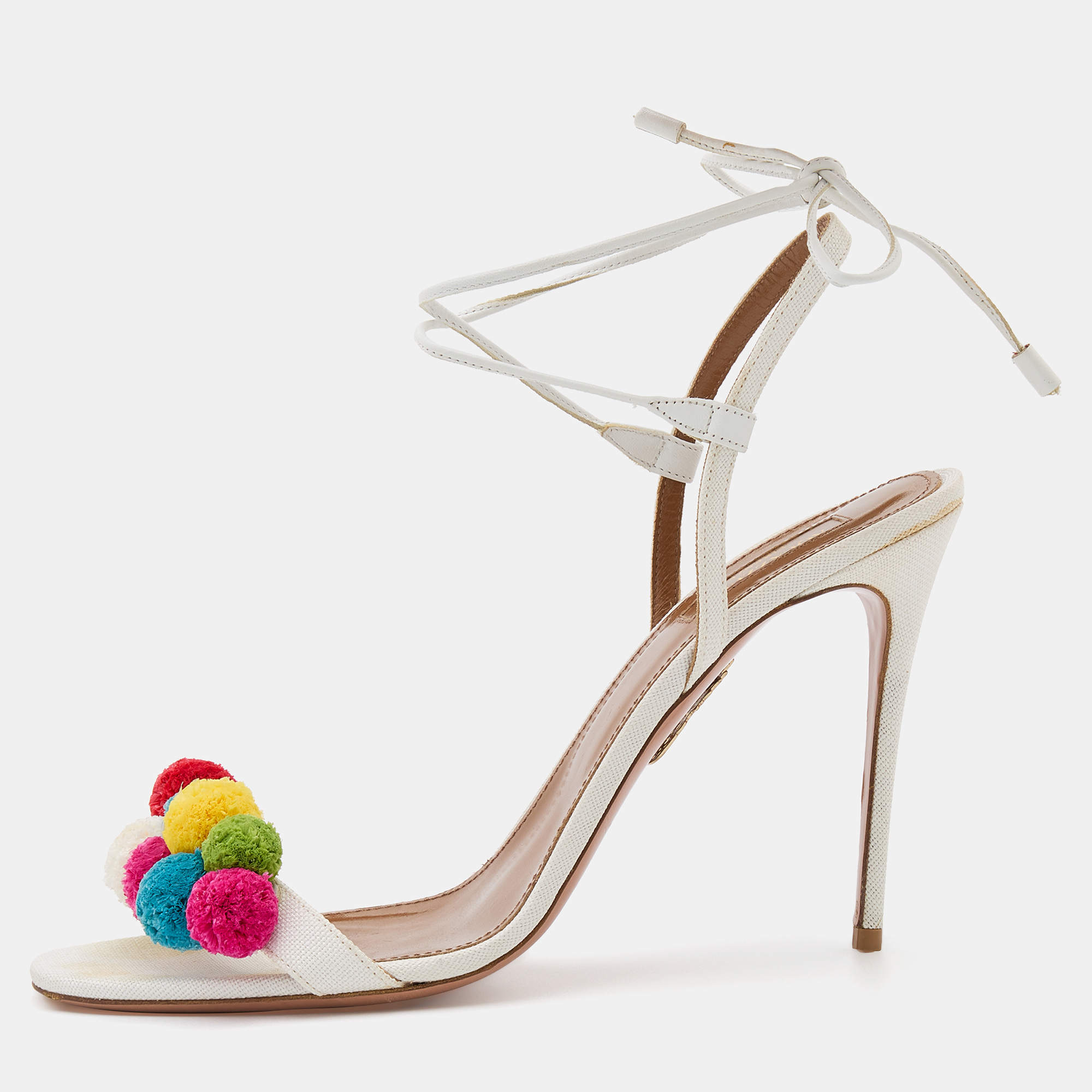 Pre Owned Aquazzura White Raffia and Leather Disco Thing Ankle Wrap Sandals Size 42