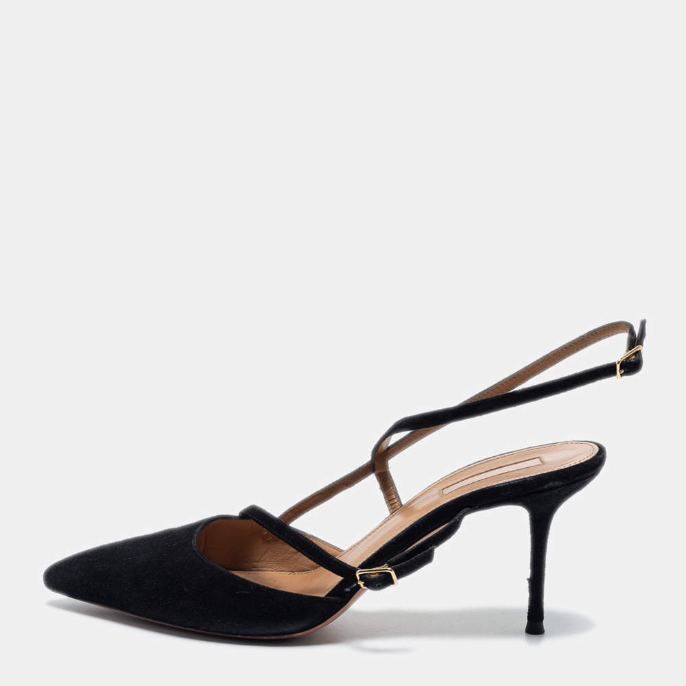 Pre Owned Aquazzura Black Suede Ankle Strap Pointed Toe Pumps Size 38