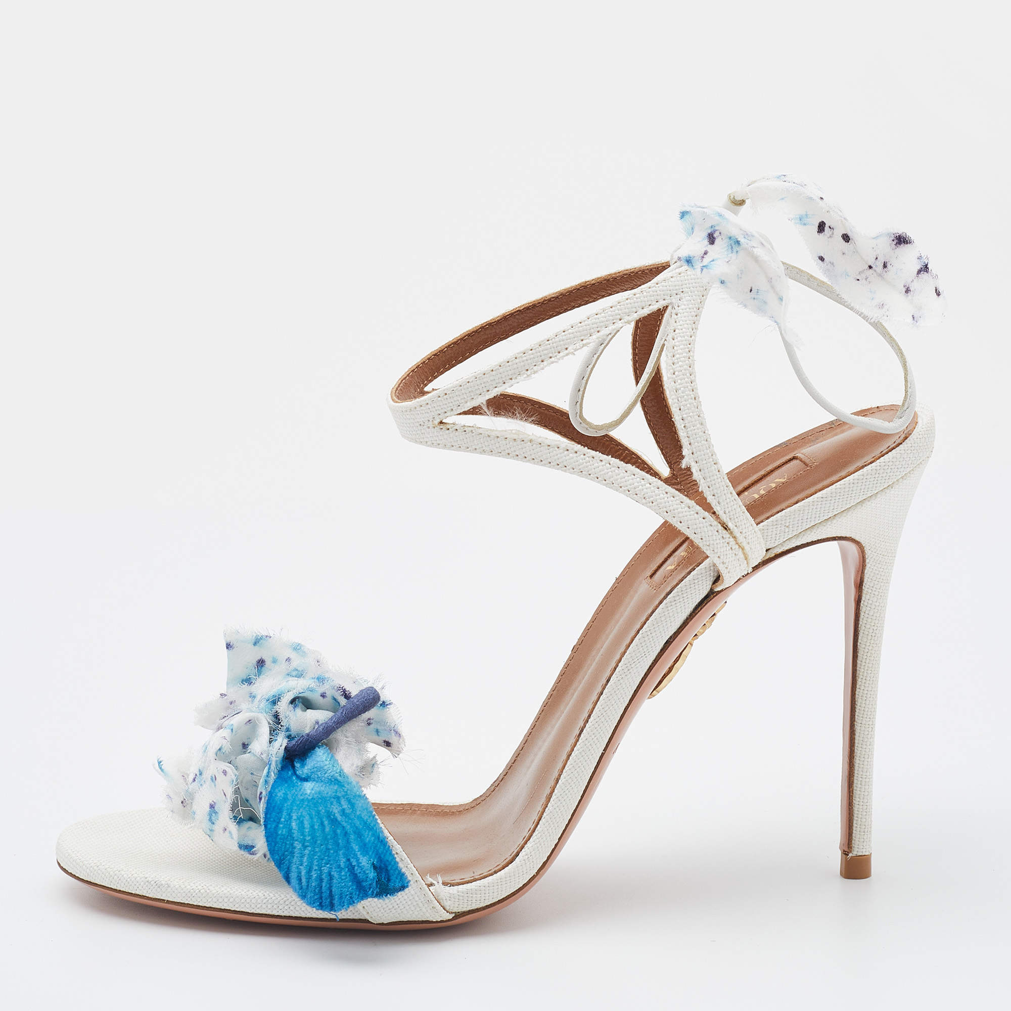 Pre Owned Aquazzura White/Blue Raffia and Floral Applique Fabric Ankle Strap Sandals Size 38.5