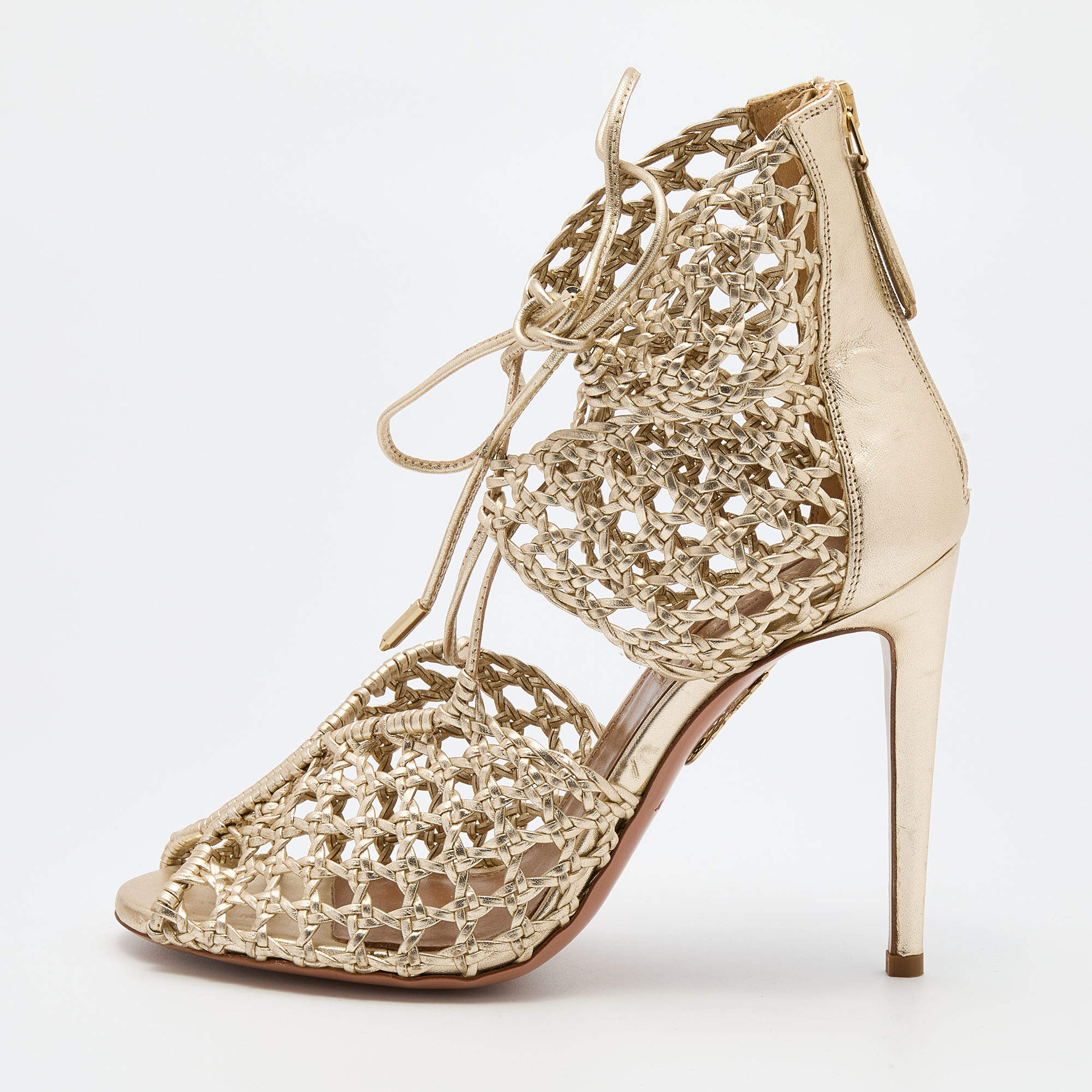 Pre Owned Aquazzura Gold Woven Leather Ankle Tie Up Sandals Size 37