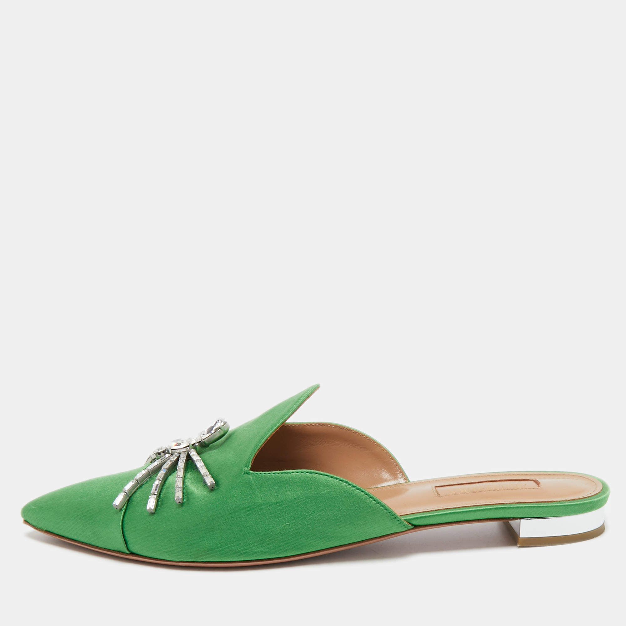 Pre Owned Aquazzura Green Satin Crystal Embellished Spider Pointed Toe Flat Mules Size 40