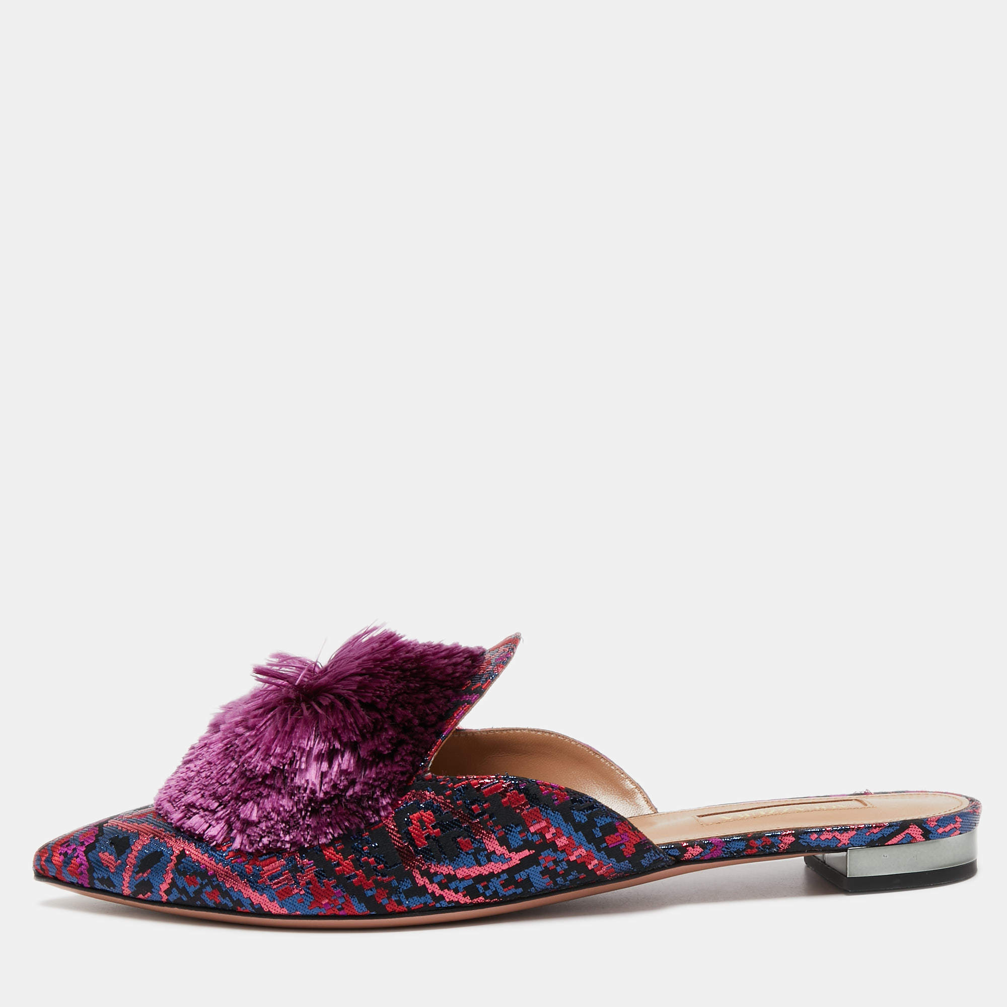 Pre Owned Aquazzura Pink/Blue Jacquard Puff Pom Pom Mules Size 38