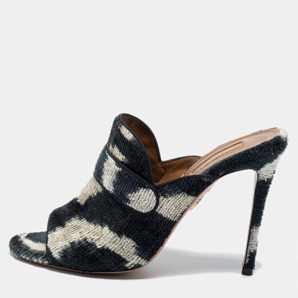 Pre Owned Aquazzura White and Black Corduroy Slide Sandals Size 40