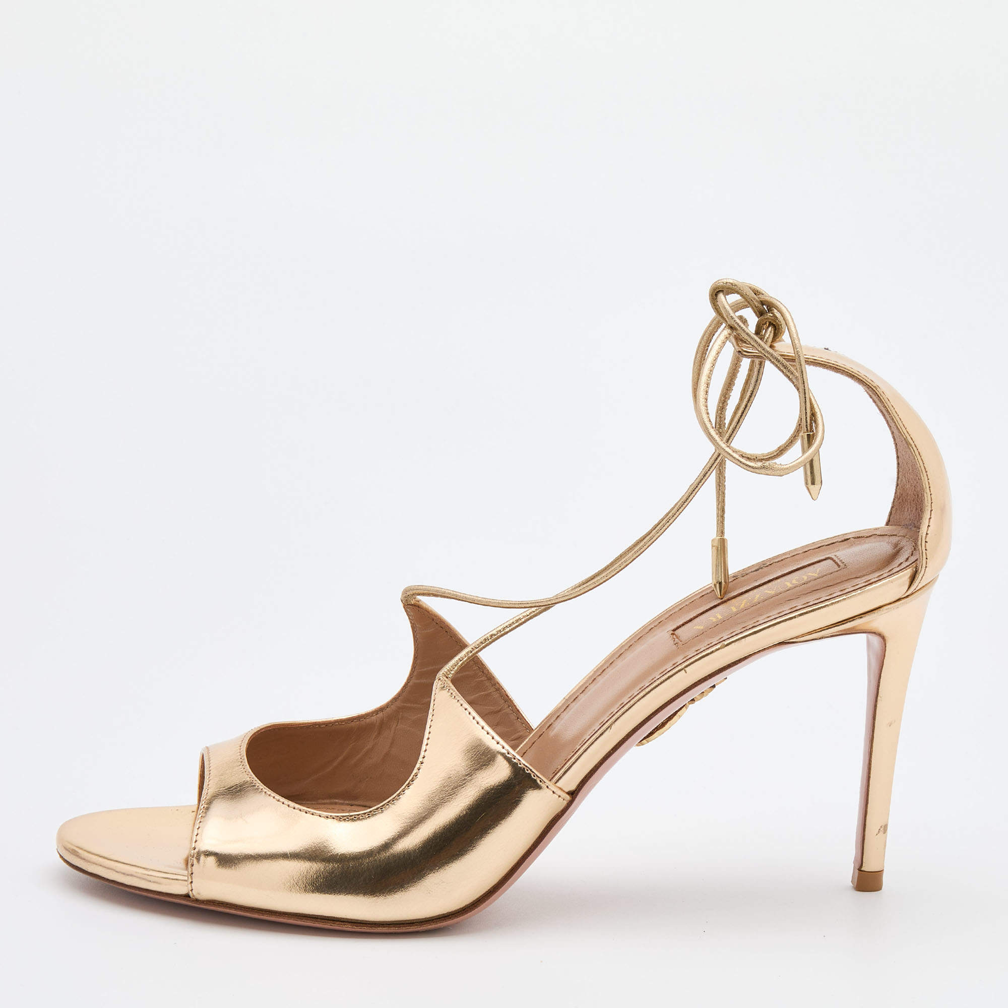 Pre Owned Aquazzura Gold Leather Leather Sofia Open Toe Ankle Tie Sandals Size 39