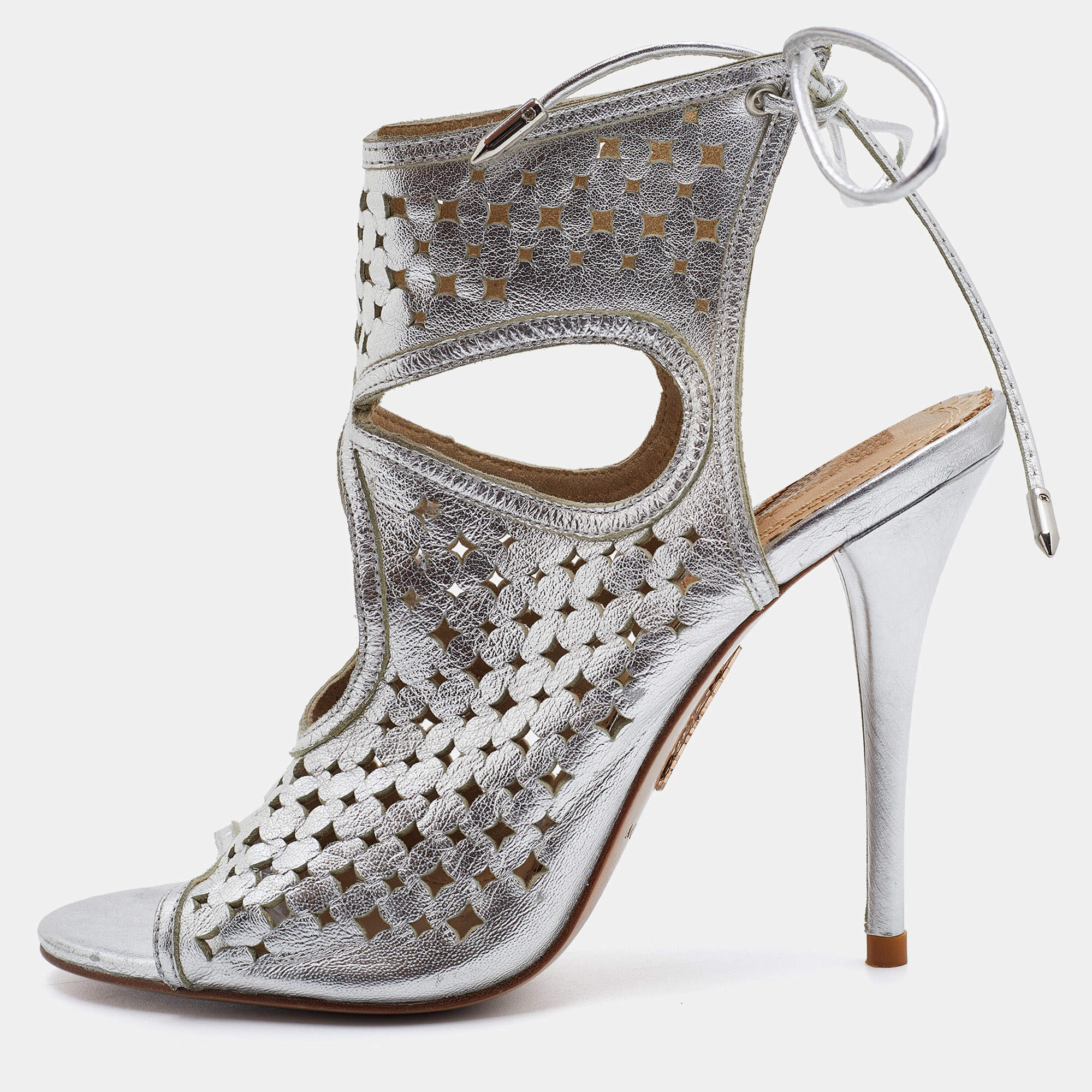Pre Owned Aquazzura Silver Laser Cut Leather Sexy Thing Sandals Size 36.5