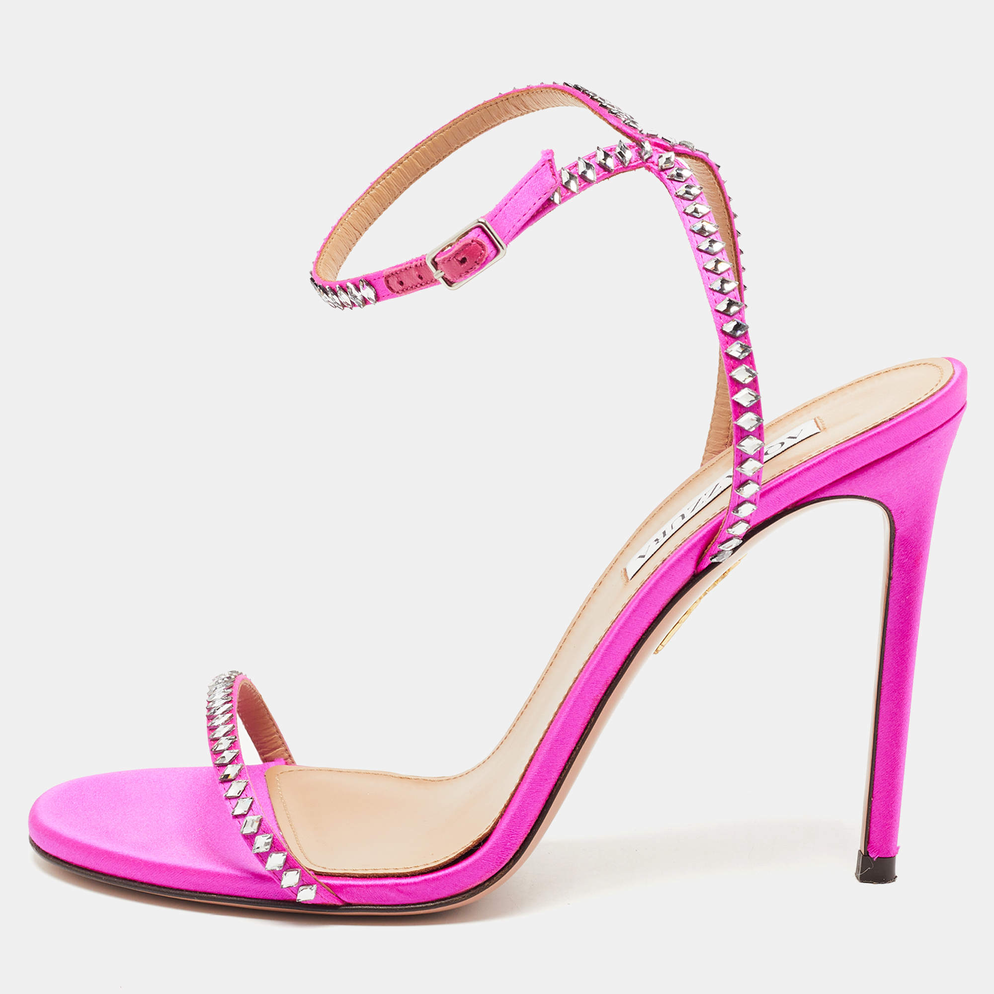 Pre Owned Aquazzura Pink Satin Crystal Embellishment Ankle Strap Sandals Size 39.5