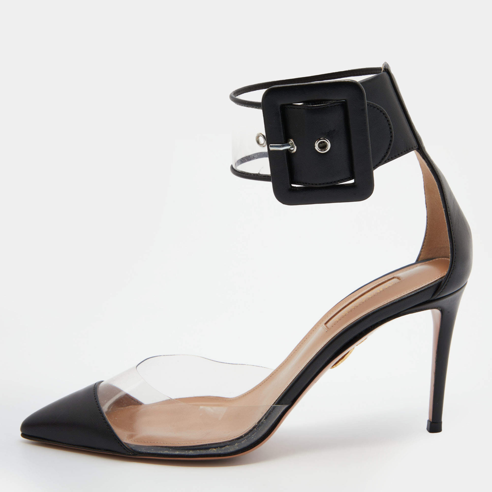 Pre Owned Aquazzura Black/Transparent Leather and PVC Ankle Strap Sandals Size 37