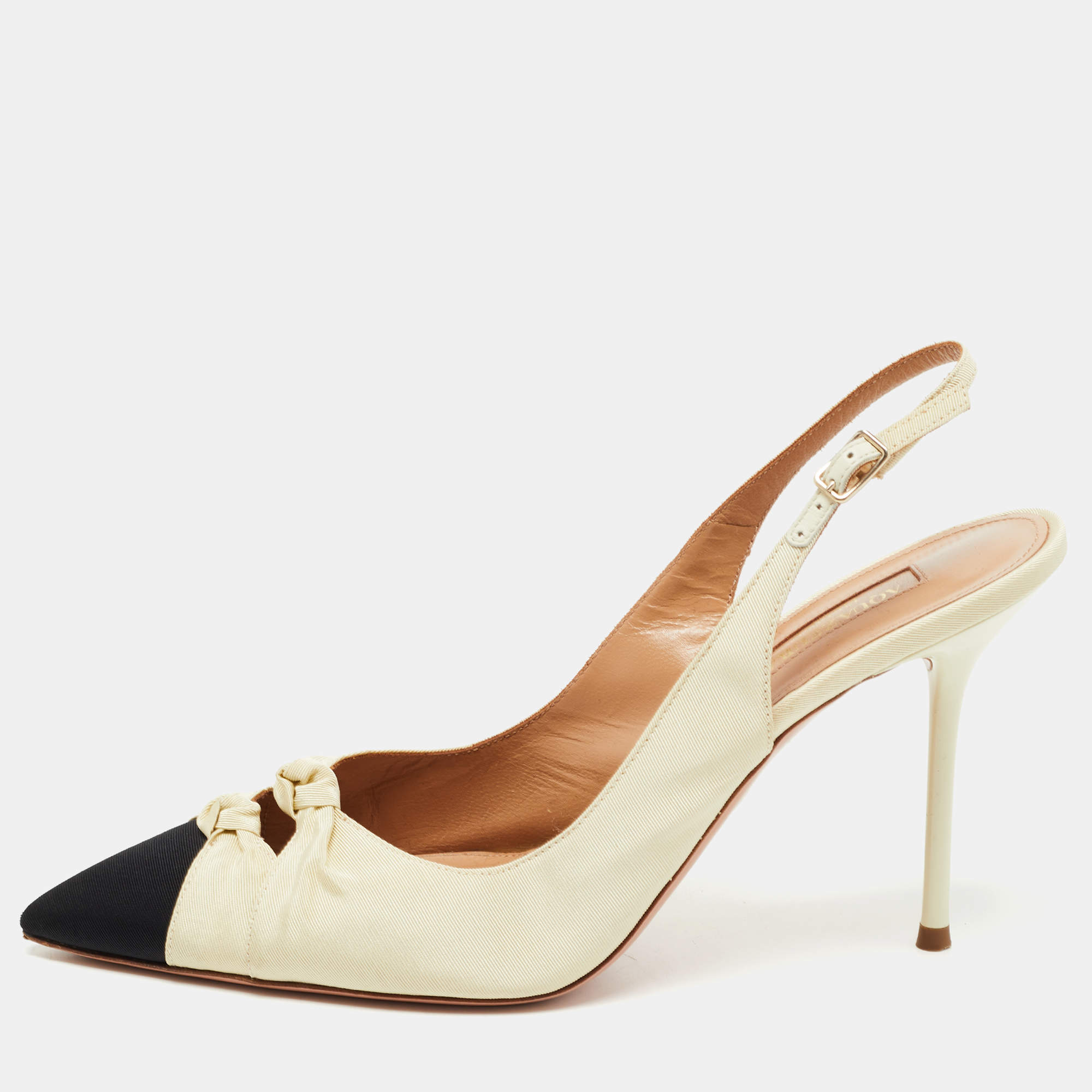 Pre Owned Aquazzura White/Black Canvas Cap Toe Slingback Pumps Size 38 