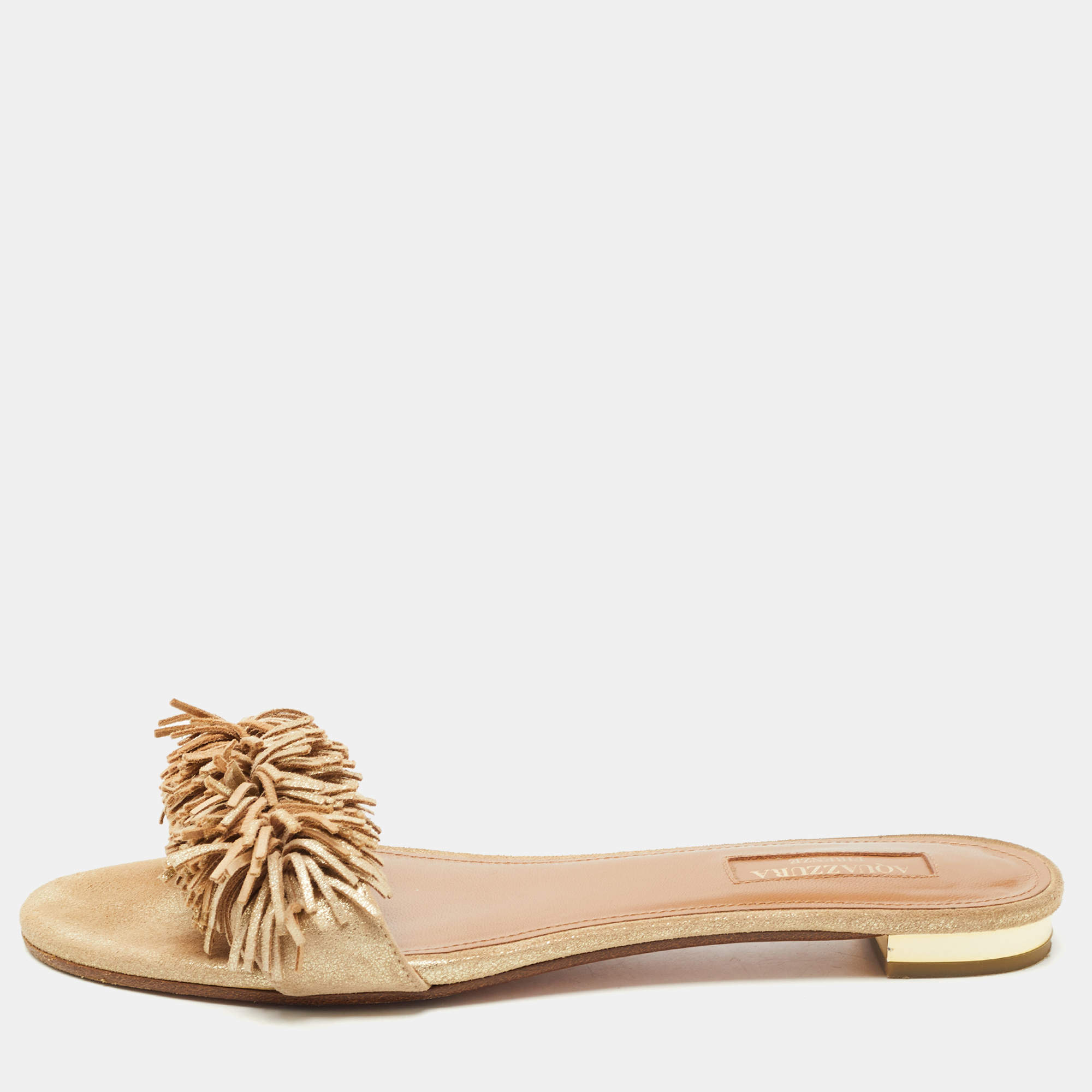 Pre Owned Aquazzura Beige Suede Wild Thing Fringe Flat Slide Size 37