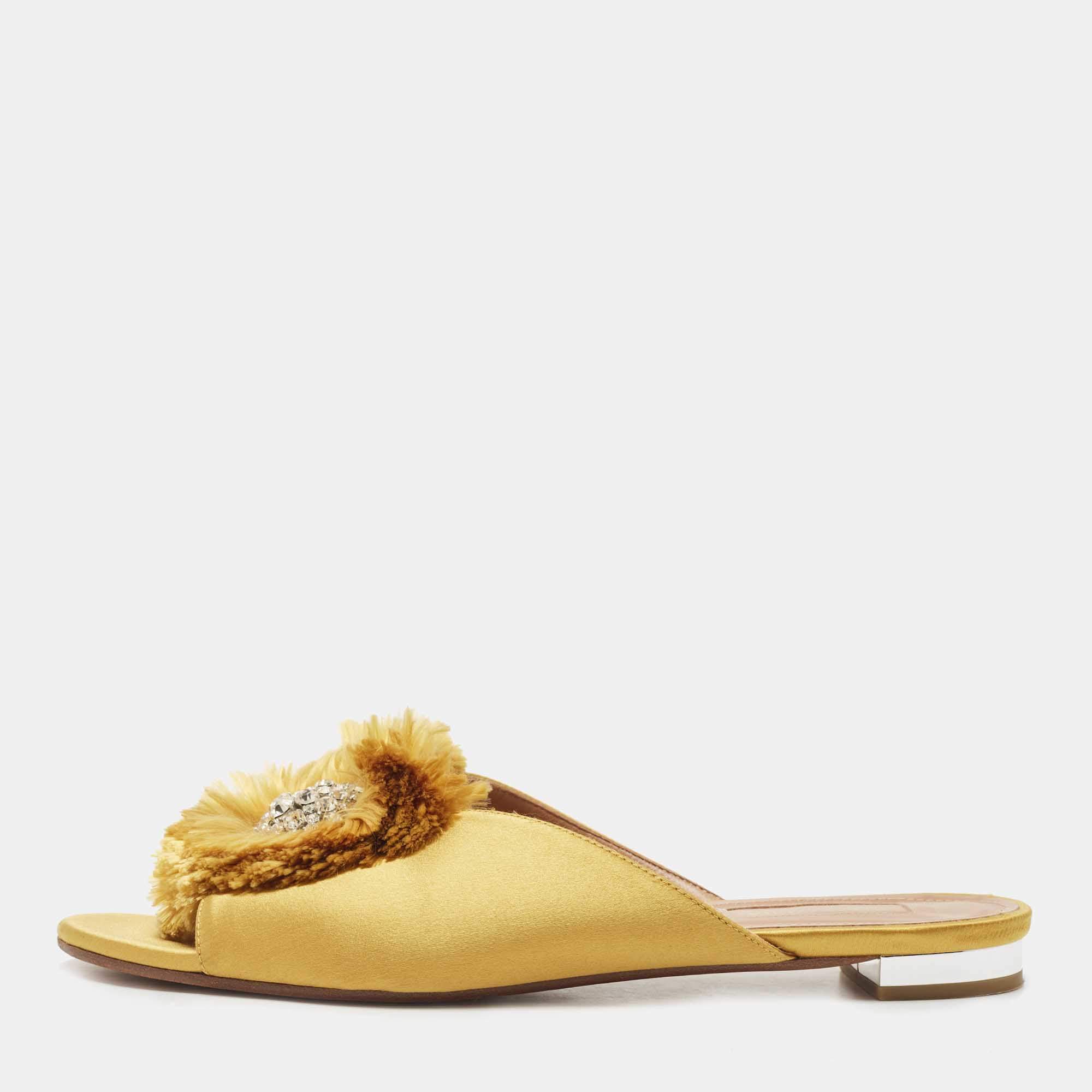 Pre Owned Aquazzura Yellow Satin Lotus Crystal Embellished Slide Sandals Size 39.5