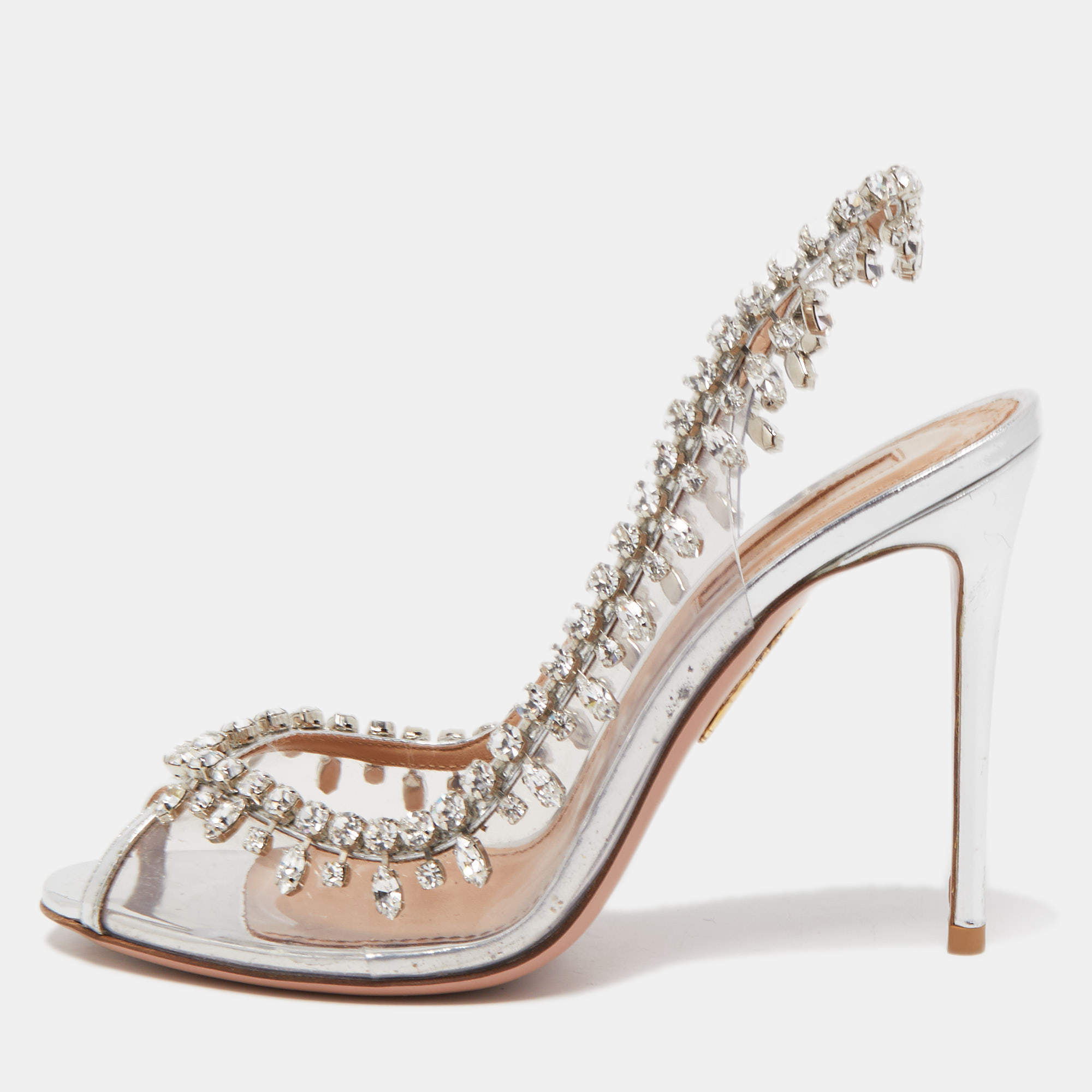 Pre Owned Aquazzura Silver PVC and Foil Leather Temptation Crystal Embellished Slingback Sandals Size 36