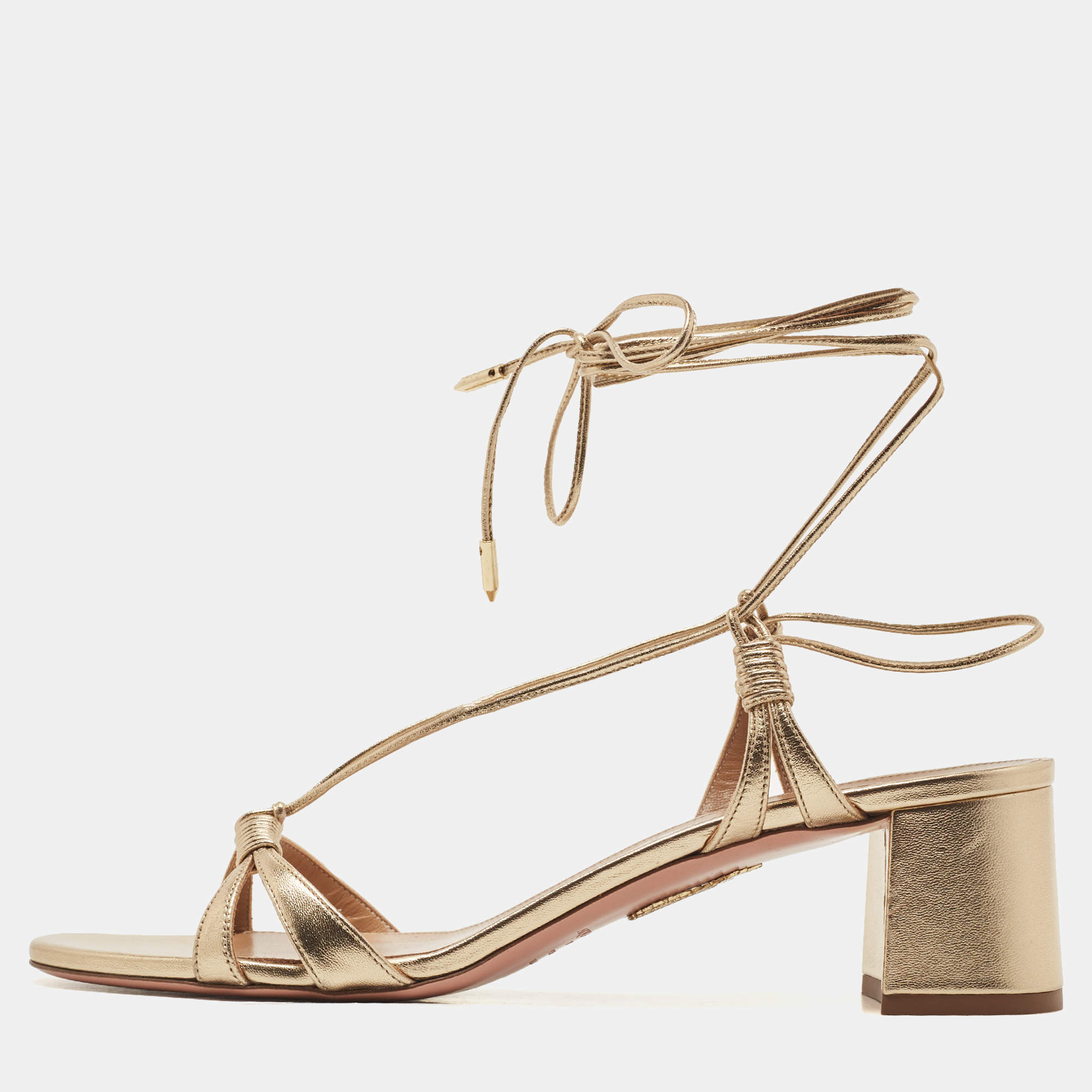 Pre Owned Aquazzura Metallic Gold Leather Ankle Wrap Sandals Size 41.5