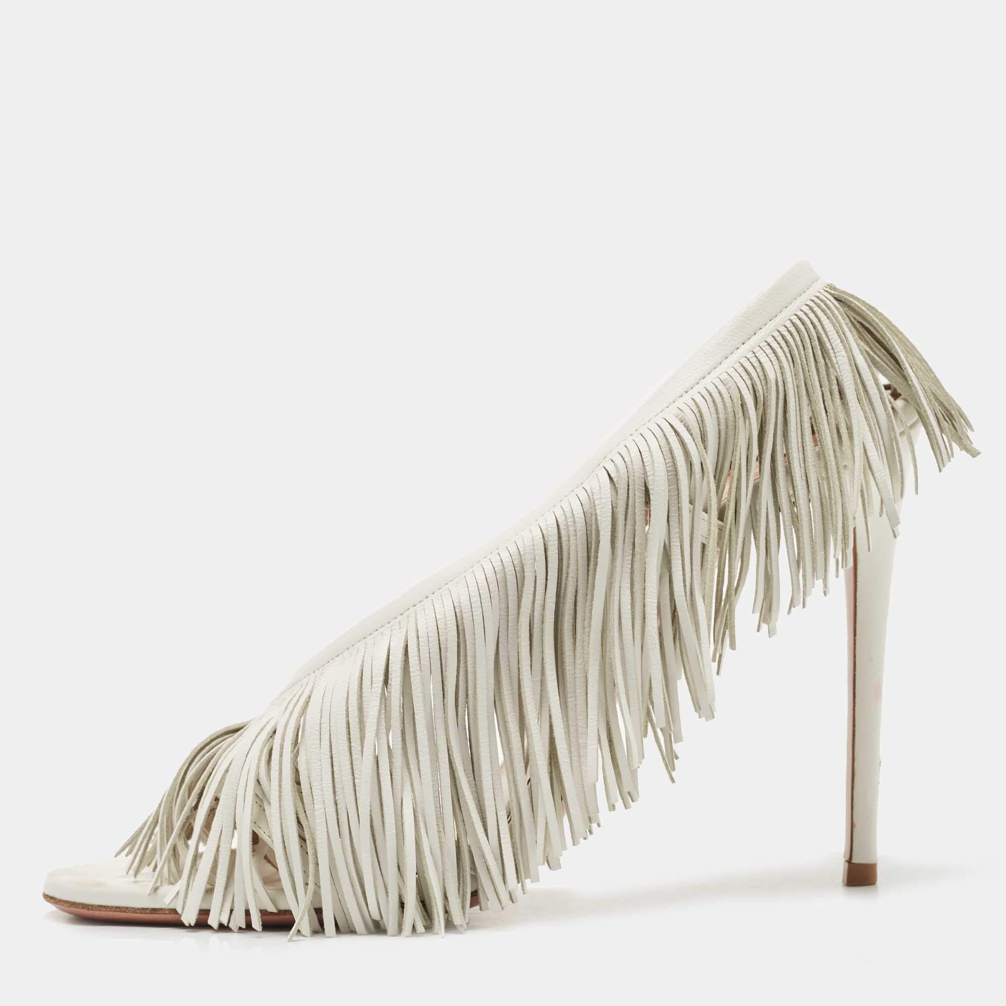 Pre Owned Aquazzura White Leather Wild Fringe Sandals Size 39