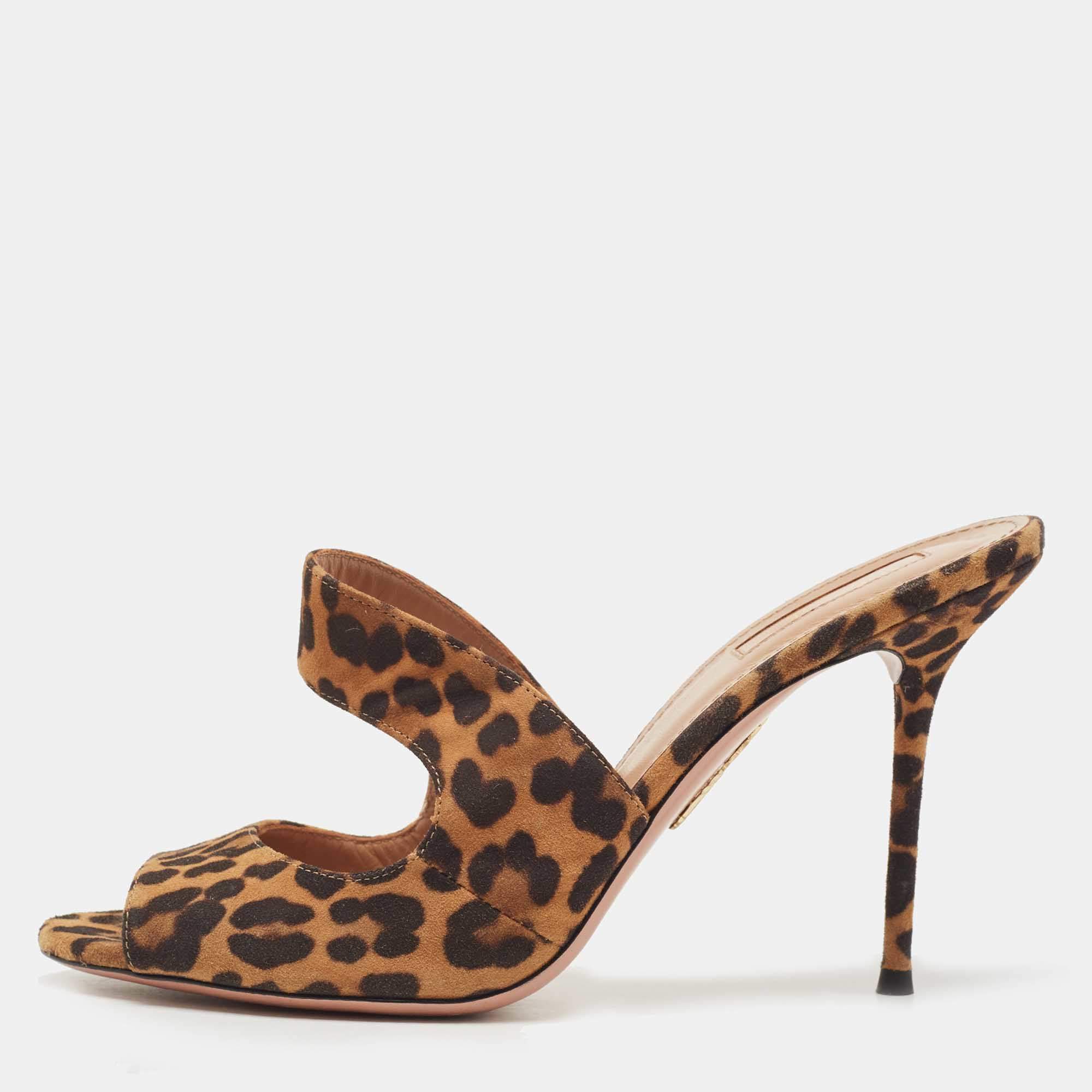 Pre Owned Aquazzura Brown/Black Leopard Print Suede Slide Sandals Size 39