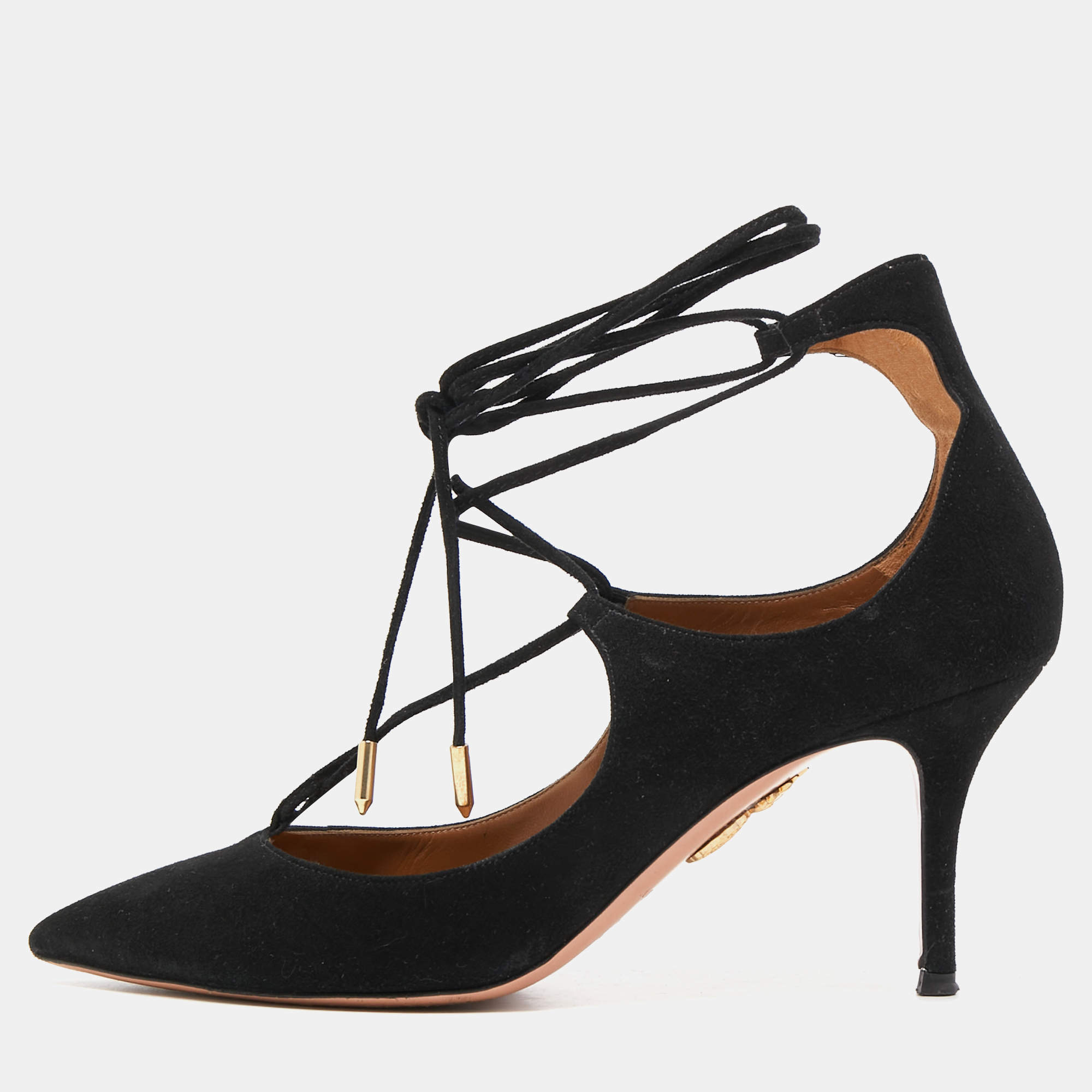 Pre Owned Aquazzura Black Suede Christy Ankle Tie Pumps Size 37