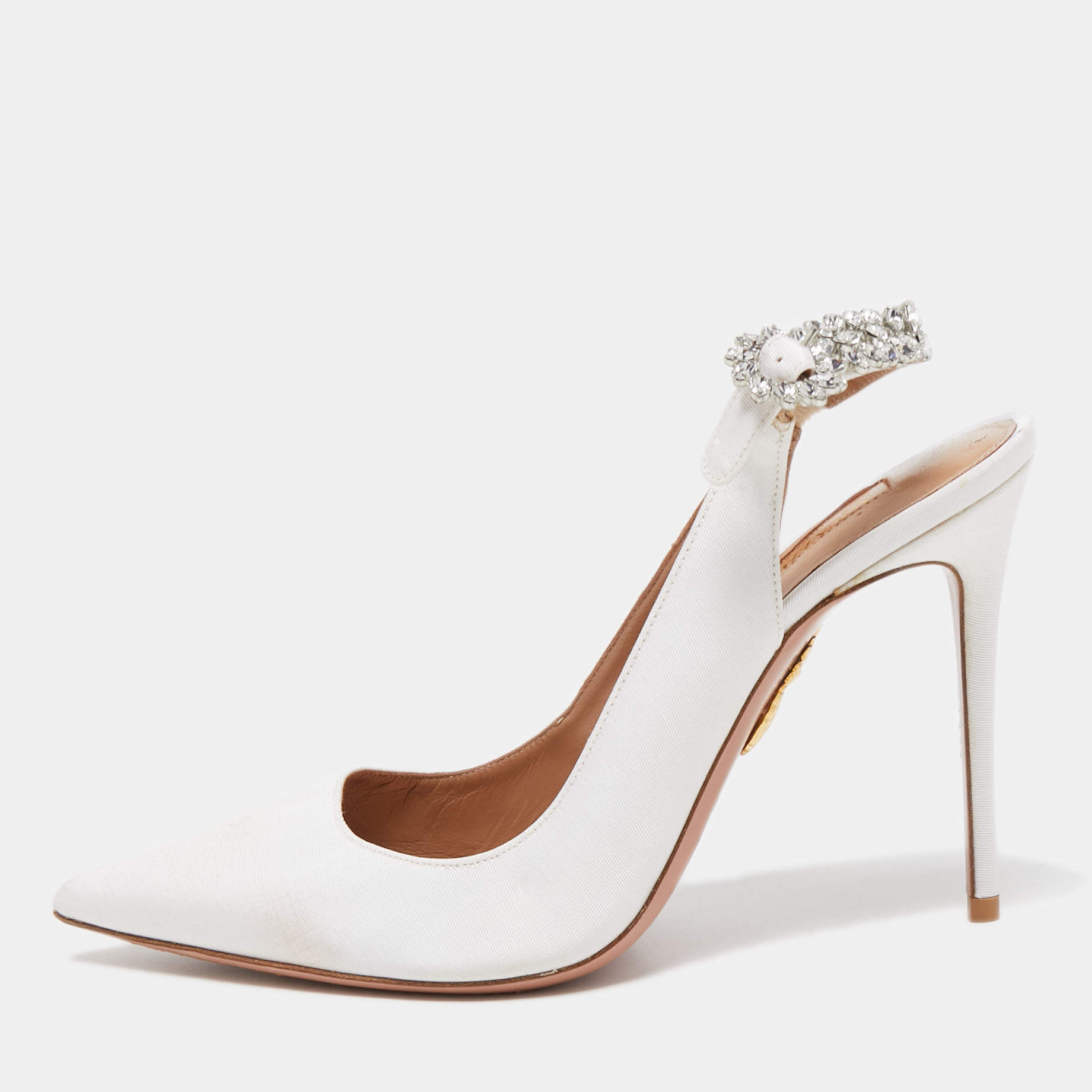 Pre Owned Aquazzura White Fabric Crystal Embellished Slingback Pumps Size 39.5