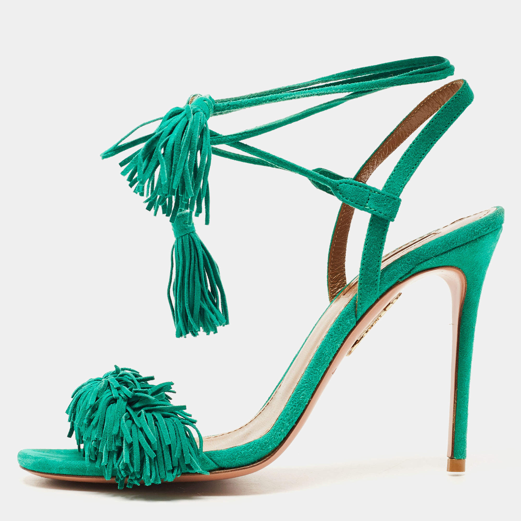 Pre Owned Aquazzura Green Suede Wild Thing Ankle Wrap Sandals Size 36