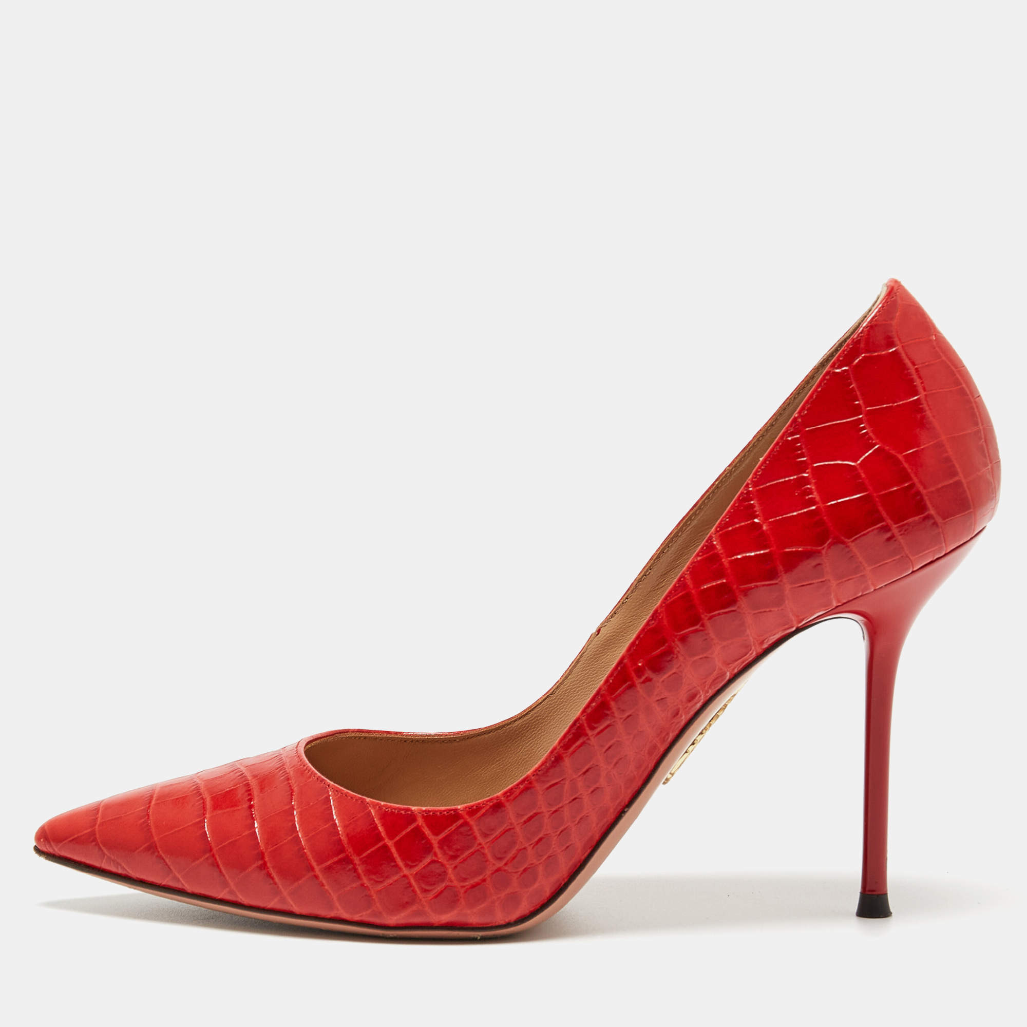 Pre Owned Aquazzura Red Croc Embossed Leather Forever Pumps Size 38