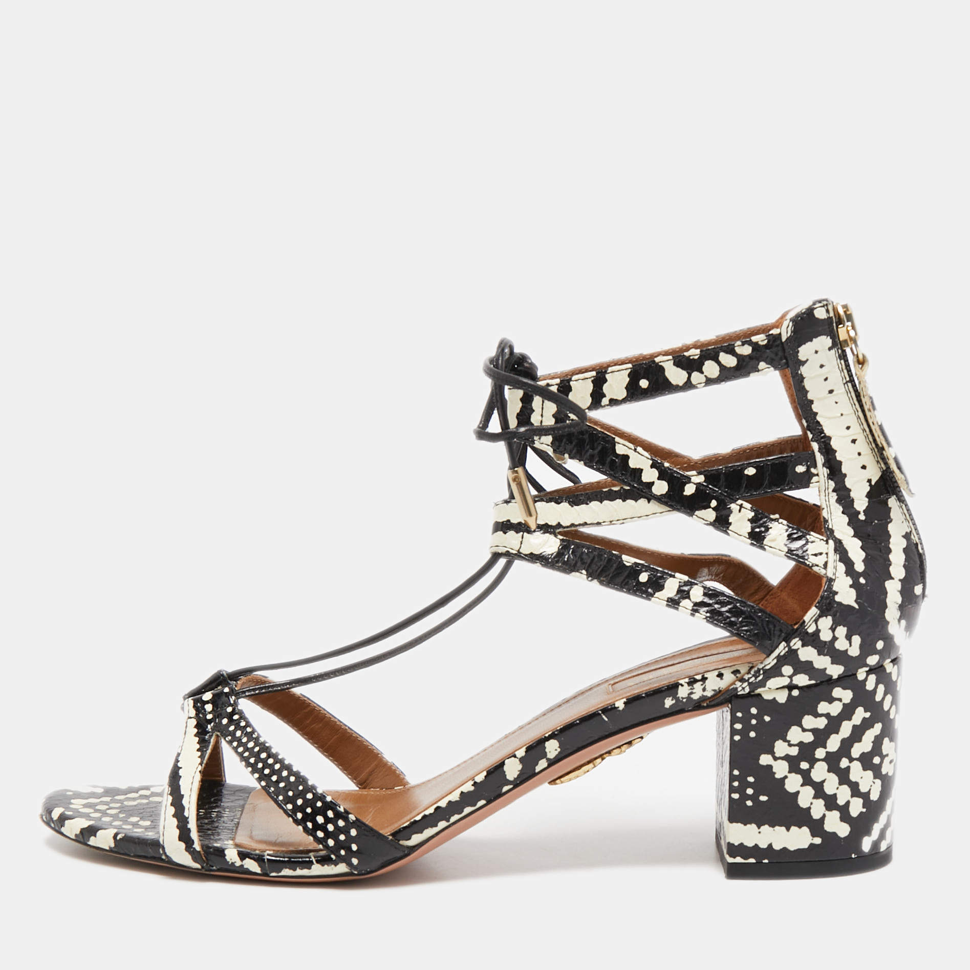 Pre Owned Aquazzura Black/White Printed Watersnake Leather Cut Out Lace Sandals Size 40