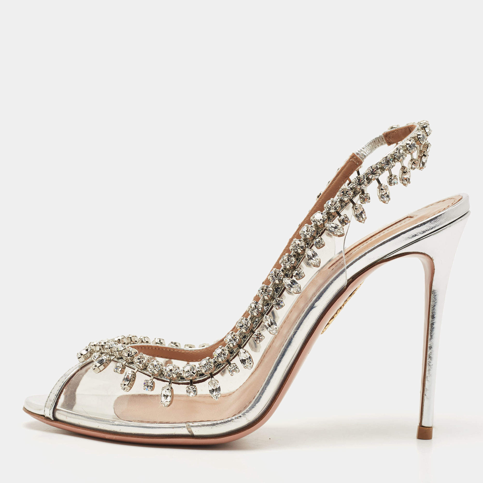 Pre Owned Aquazzura Silver PVC and Patent Leather Temptation Crystals Sandals Size 38.5
