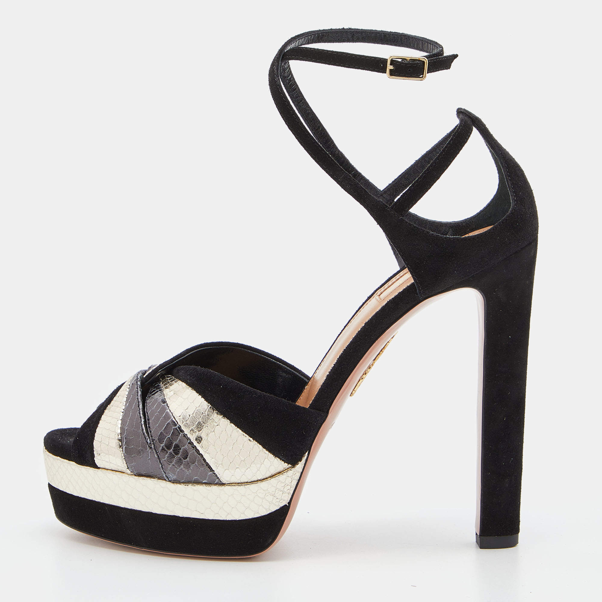 Nicholas Kirkwood Black Watersnake Leather and Suede Slingback