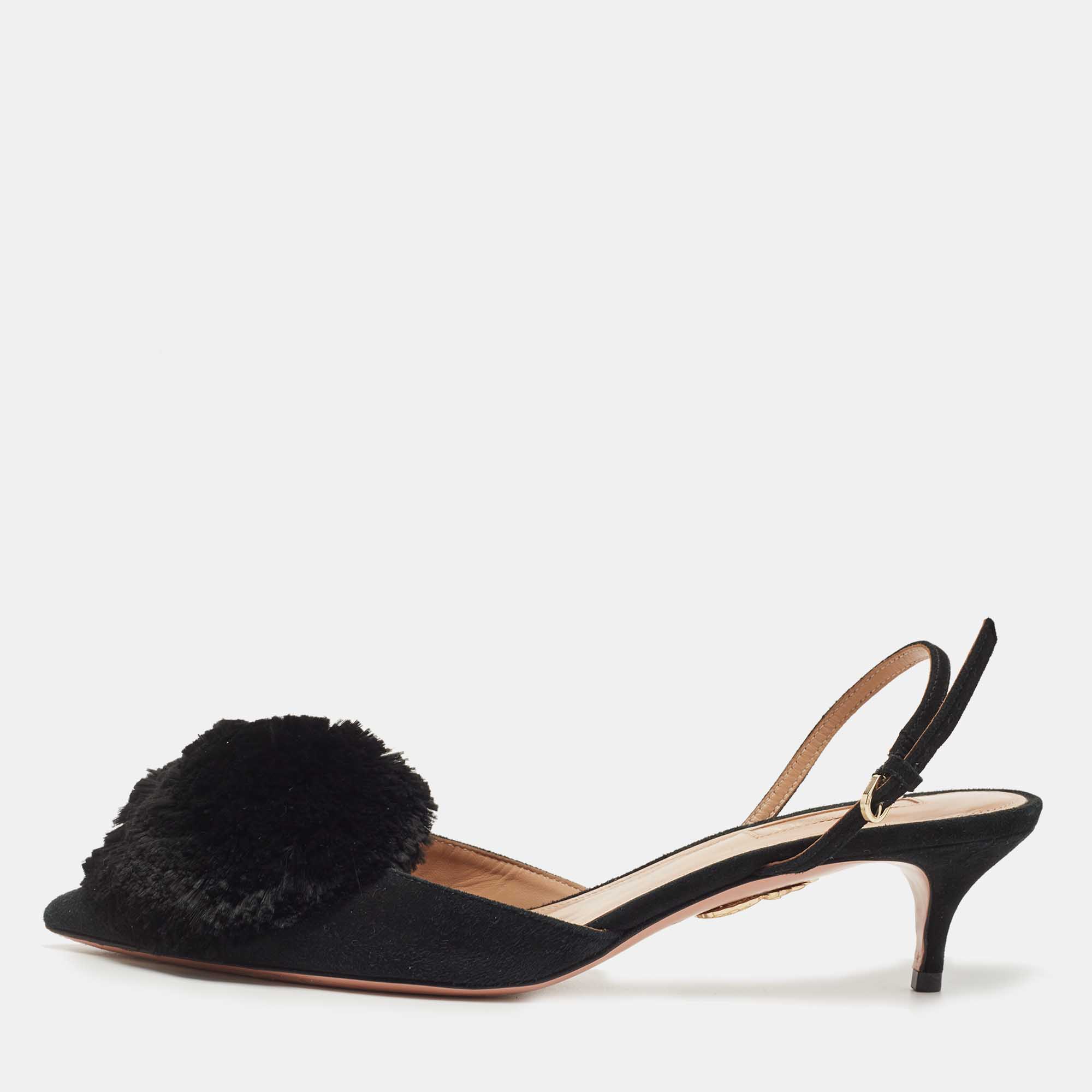 Pre Owned Aquazzura Black Suede Powder Puff Slingback Pumps Size 39
