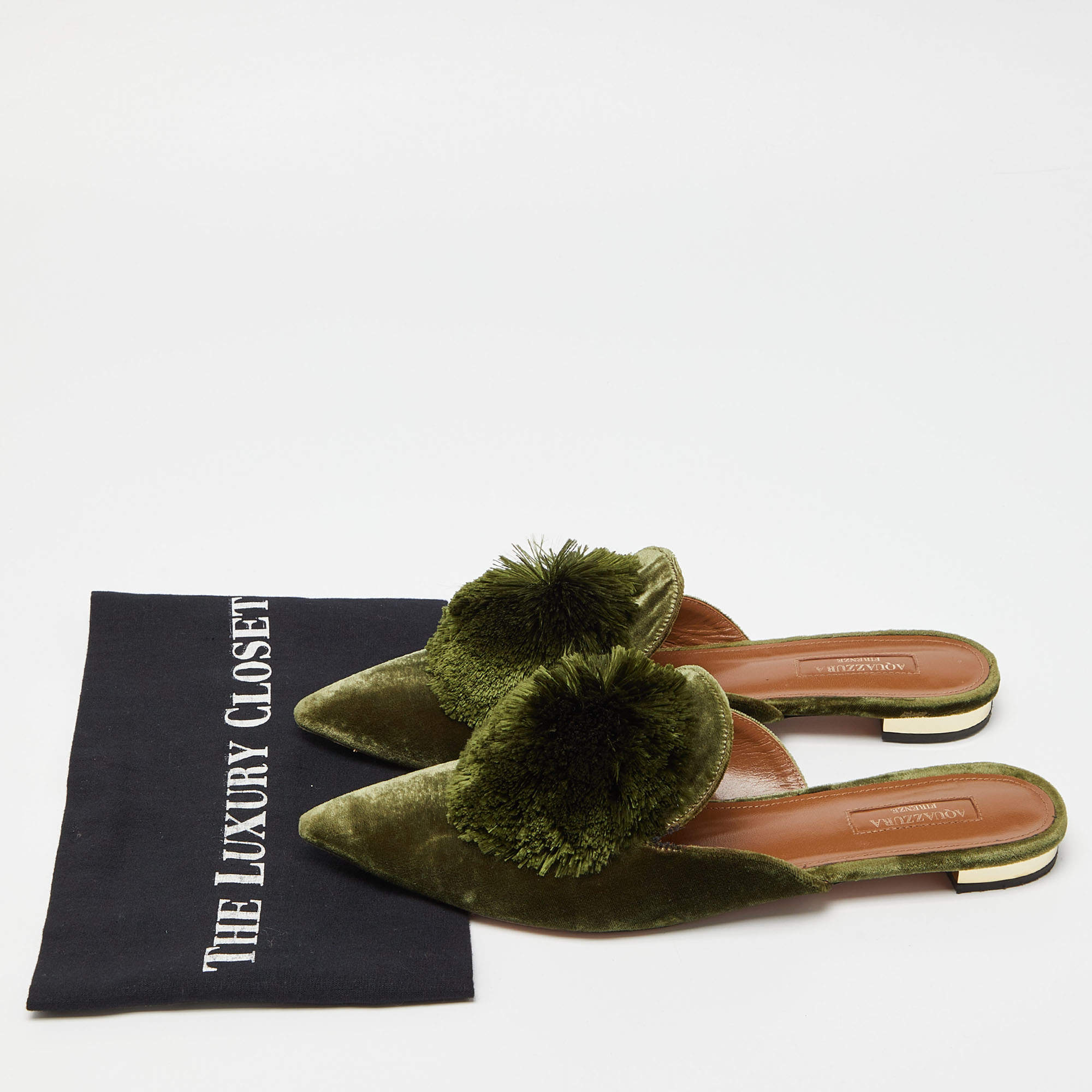 Aquazzura Green Velvet Powder Puff Pom Pom Flat Mules Size 40