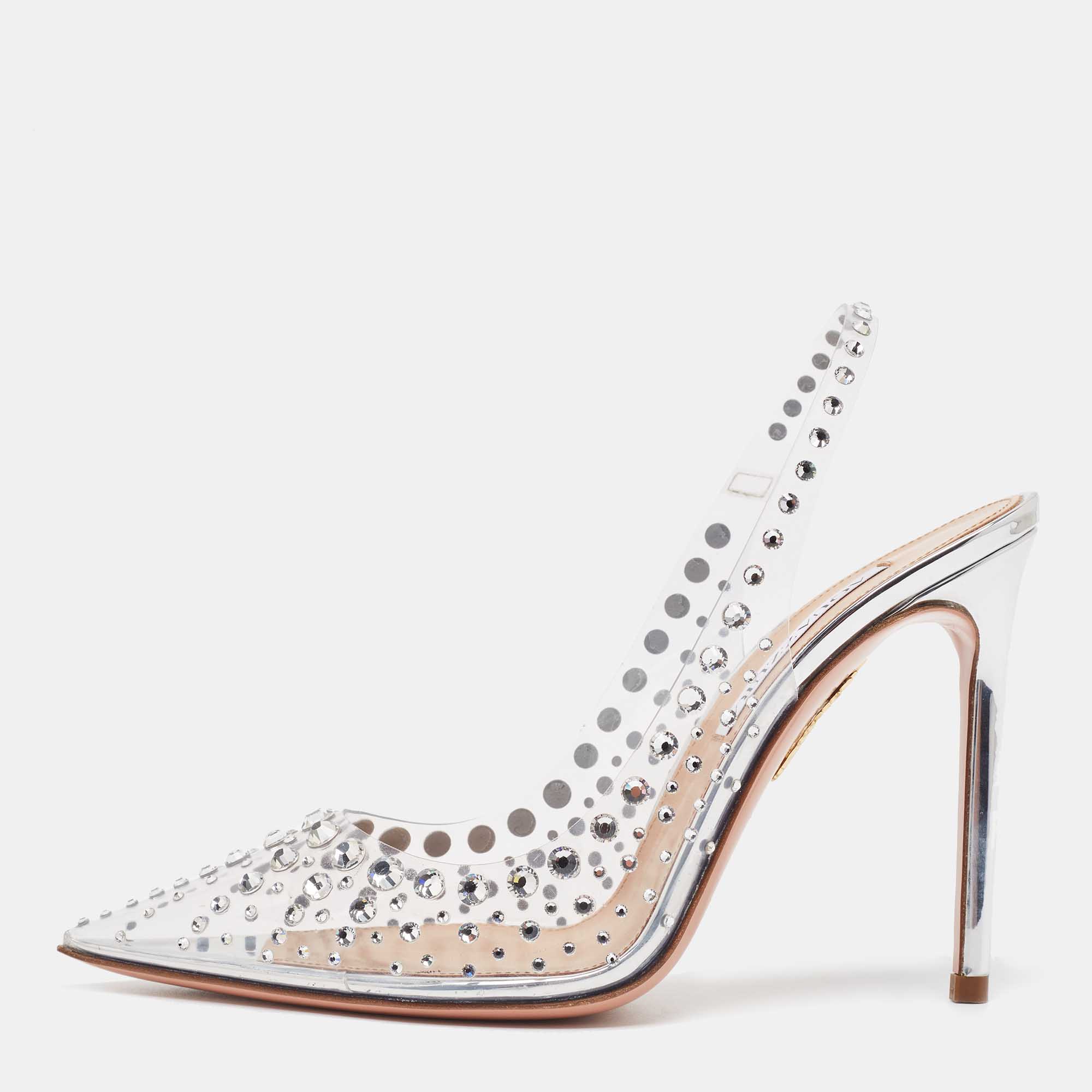 Pre Owned Aquazzura Silver PVC Stardust Embellished Slingback Pumps Size 38