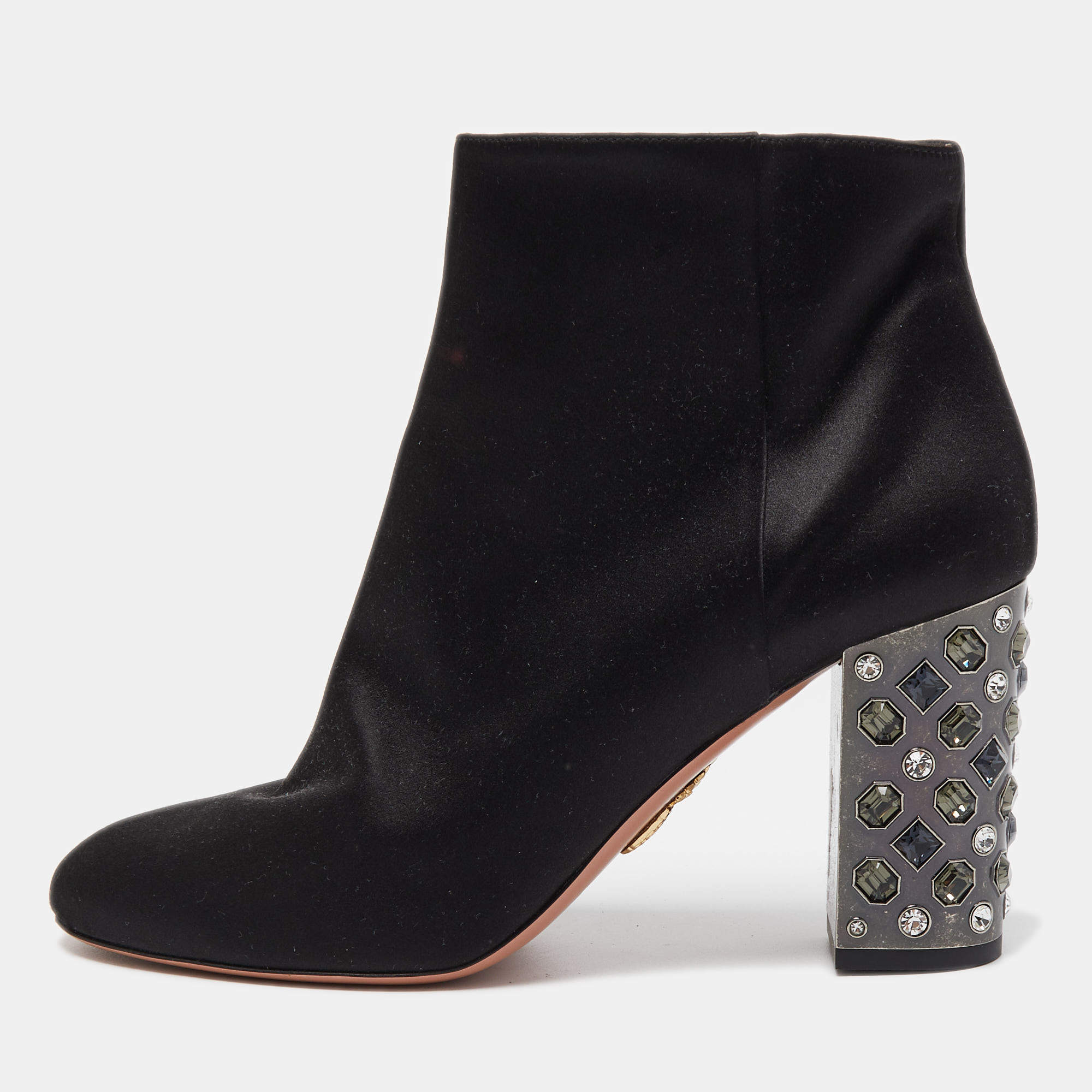 Pre Owned Aquazzura Black Satin Party Embellished Heel Ankle Boots Size 41