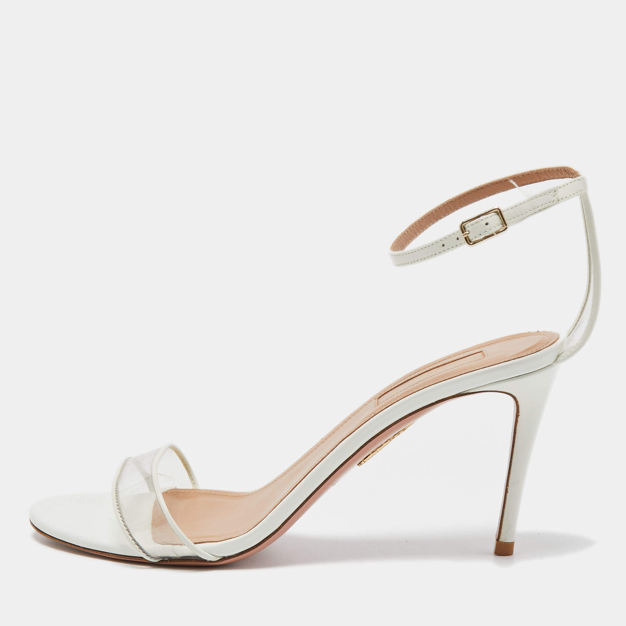 Pre Owned Aquazzura White Leather and PVC Ankle Strap Sandals Size 38.5