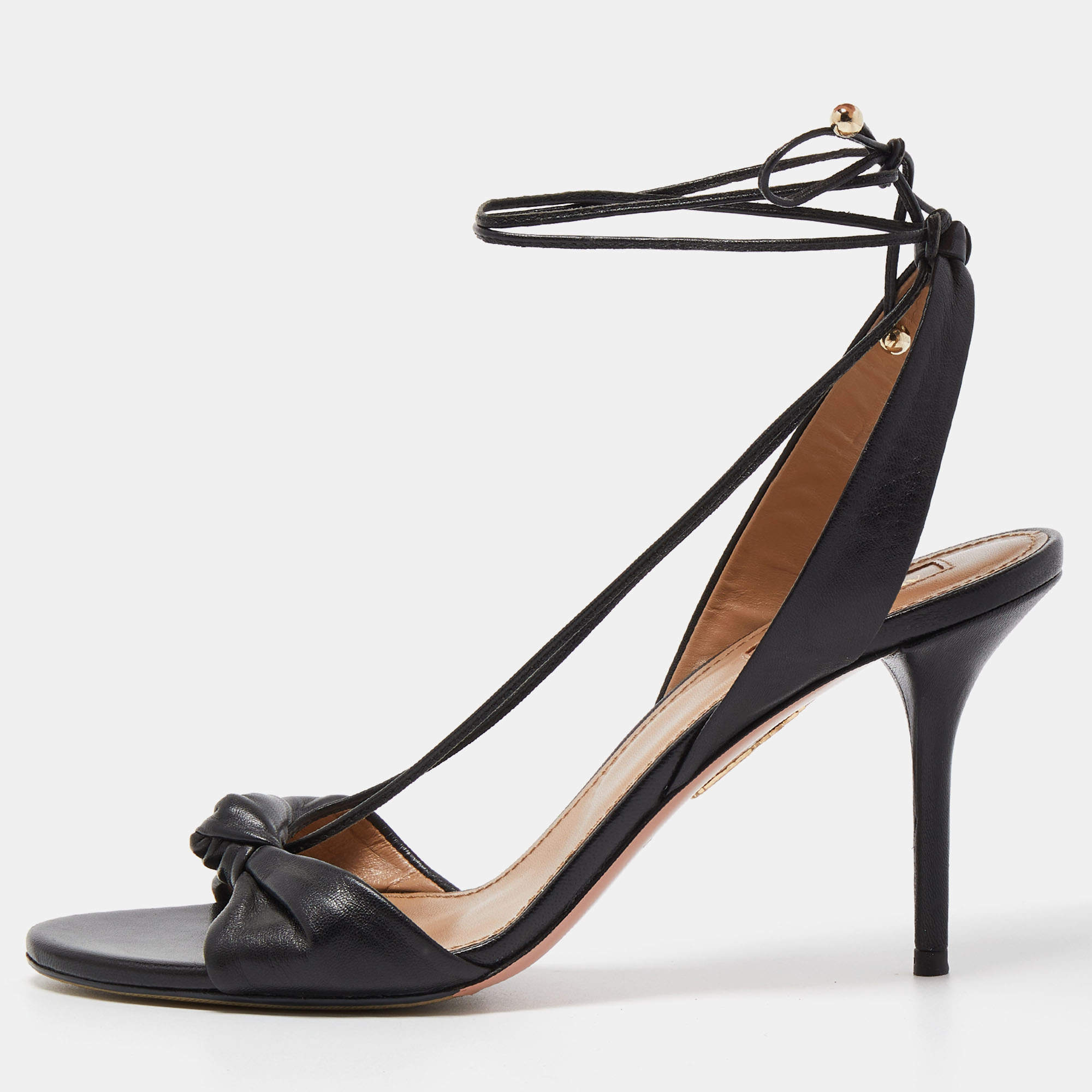 Pre Owned Aquazzura Black Leather Knotted Bow Slingback Ankle Tie Sandals Size 38.5