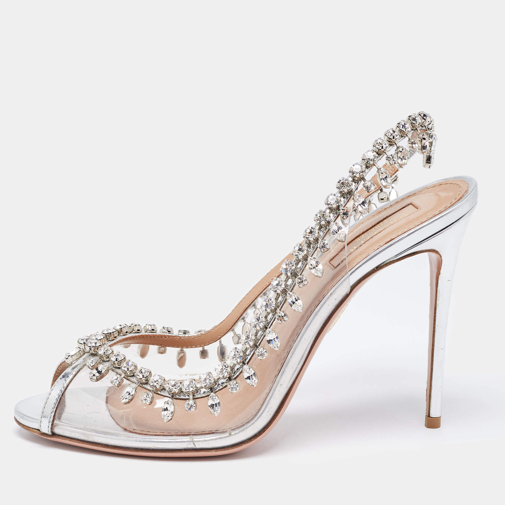 Pre Owned Aquazzura Silver Leather and  PVC Crystal Embellished Temptation Sandals Size 38.5