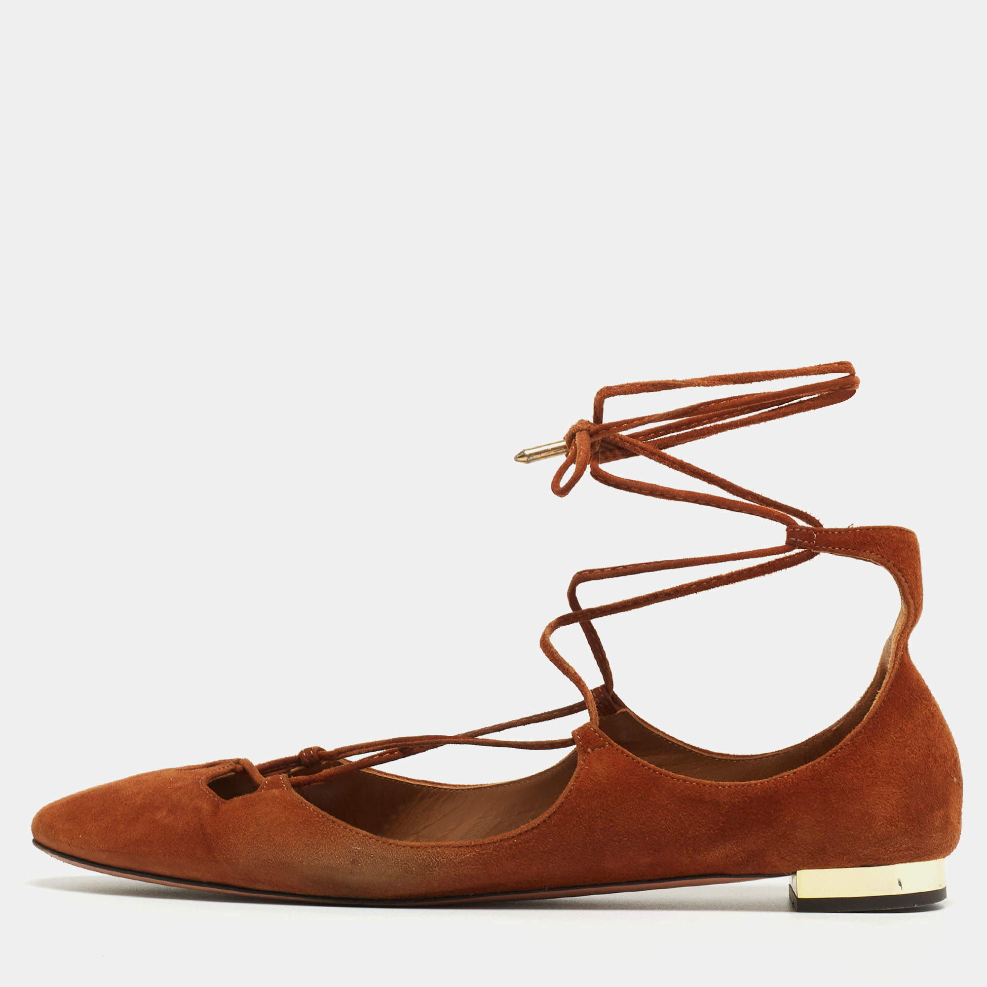 Aquazzura Brown Suede Dancer Ankle Wrap Ballet Flats Size 39