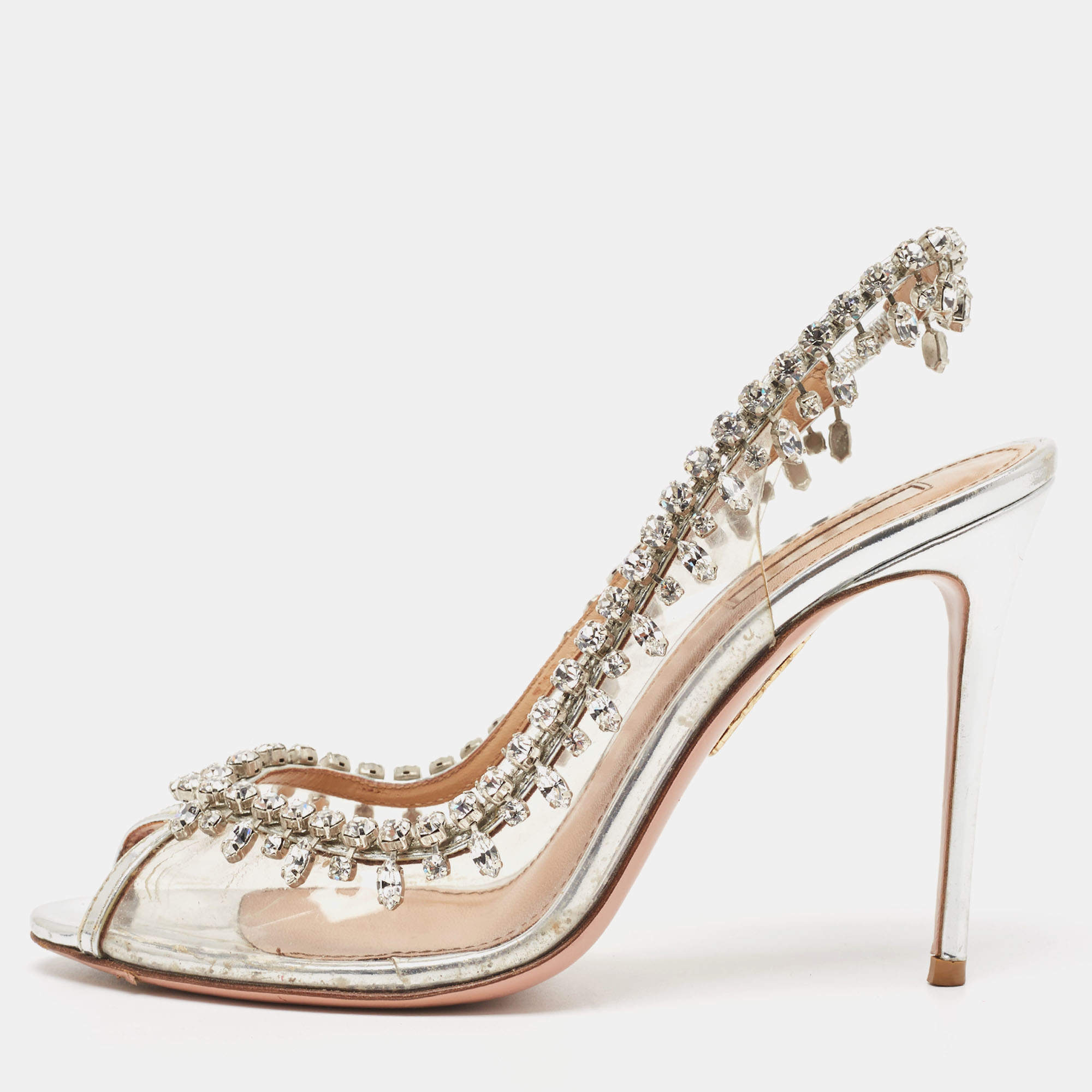 Pre Owned Aquazzura Silver PVC And Leather Temptation Crystal Slingback Pumps Size 38.5