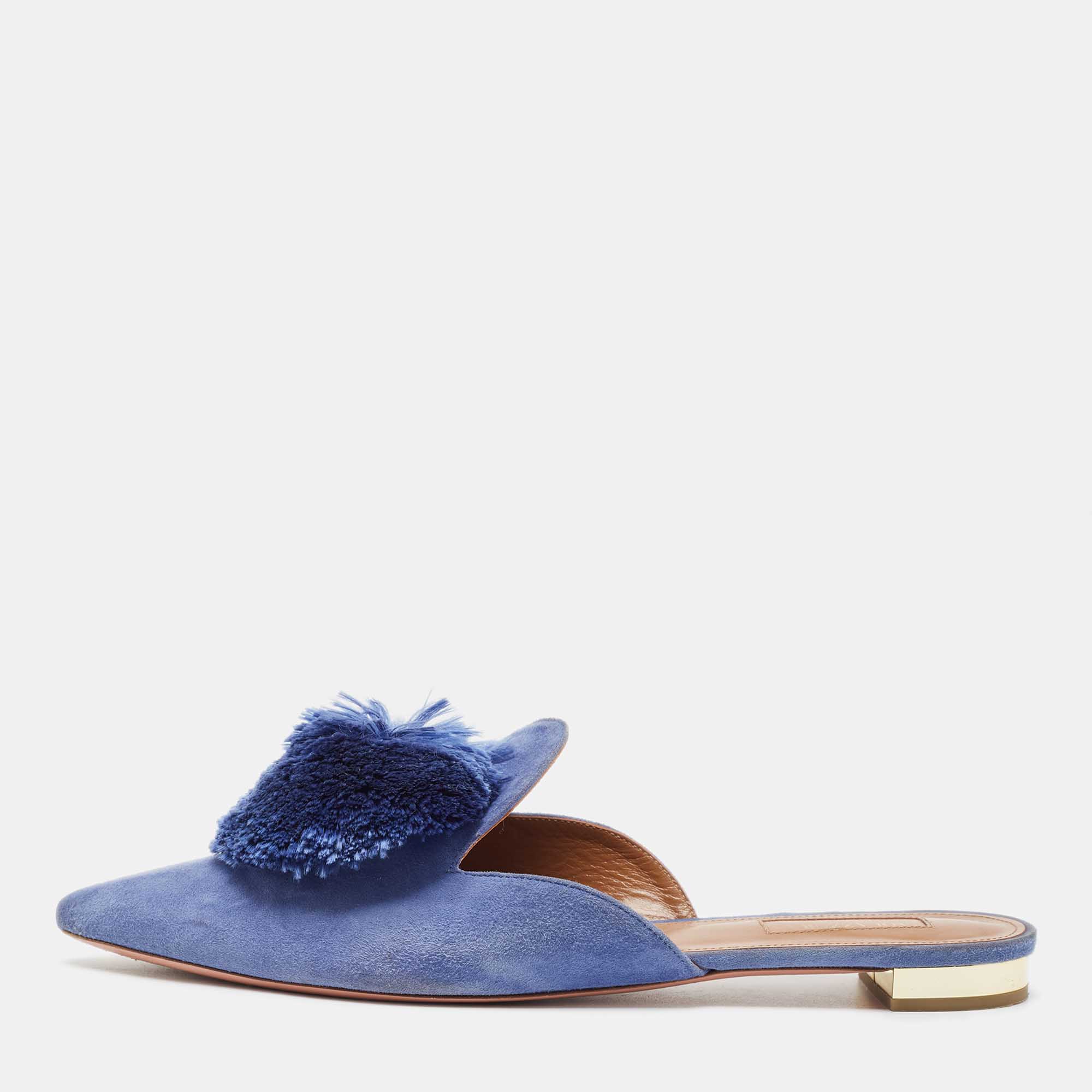 Pre Owned Aquazzura Blue Suede Pompom Flat Mules Size 41