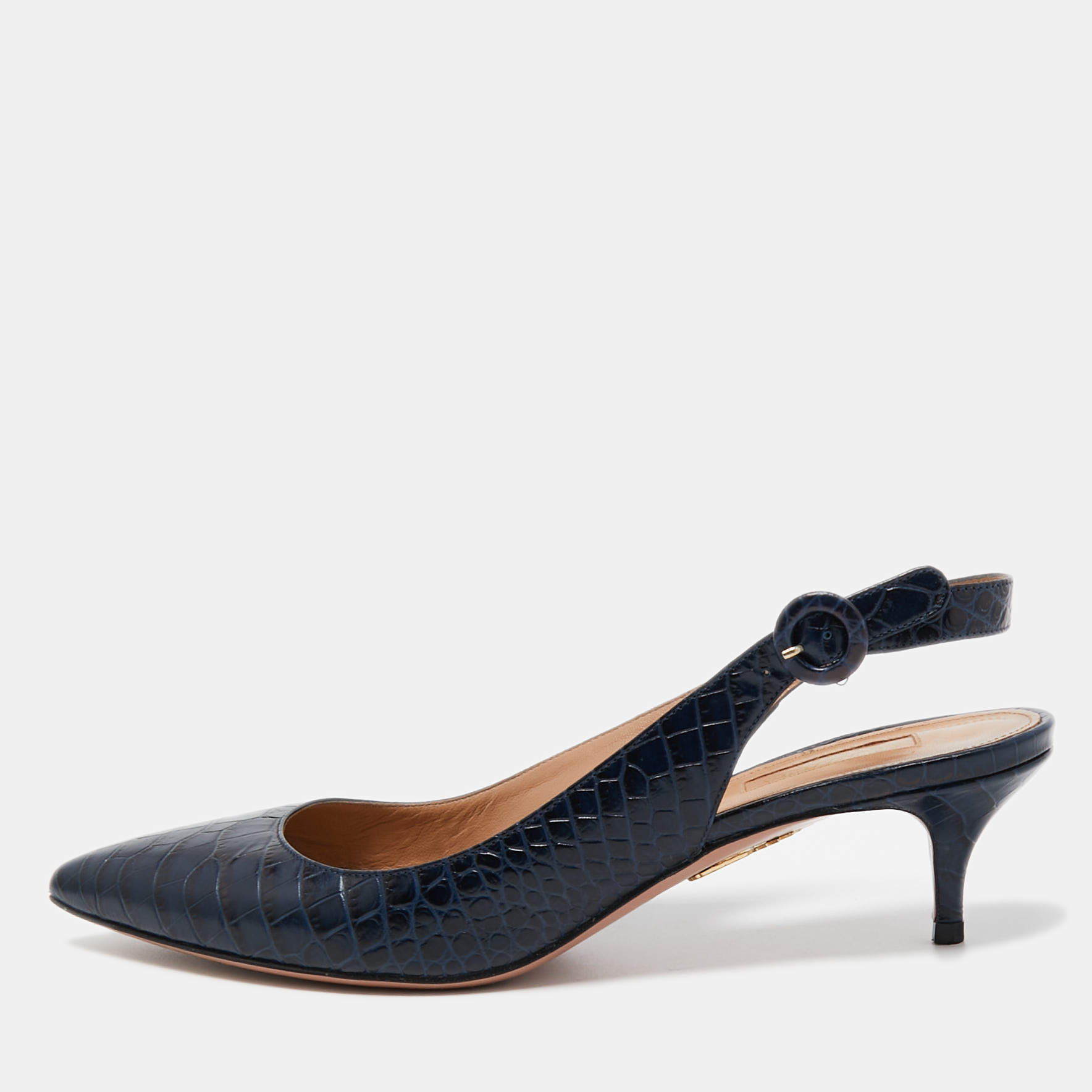 Pre Owned Aquazzura Navy Blue Crocodile Slingback Pumps Size 40