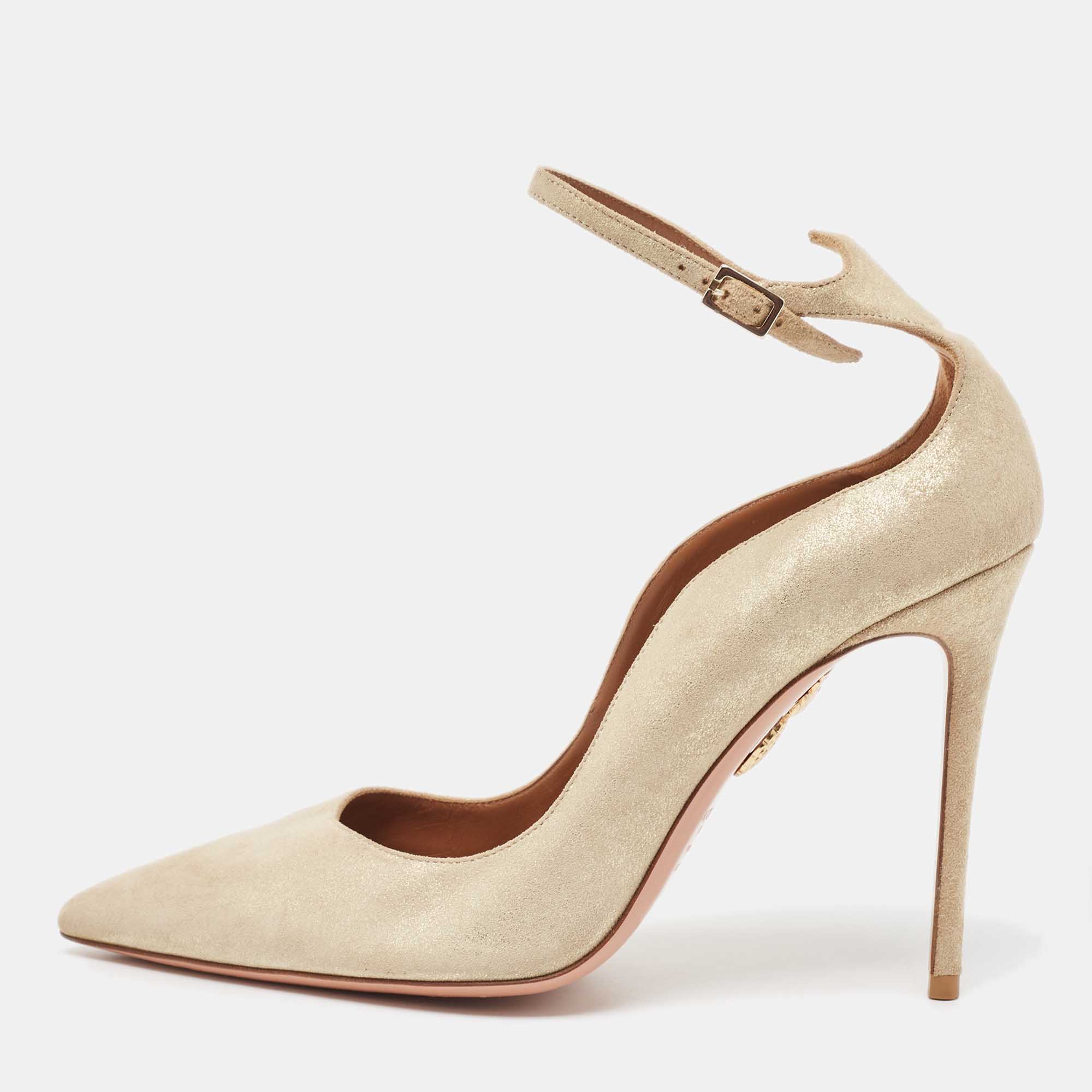 Pre Owned Aquazzura Gold/Gold Suede Dolce Vita Pointed Toe  Pumps Size 38.5