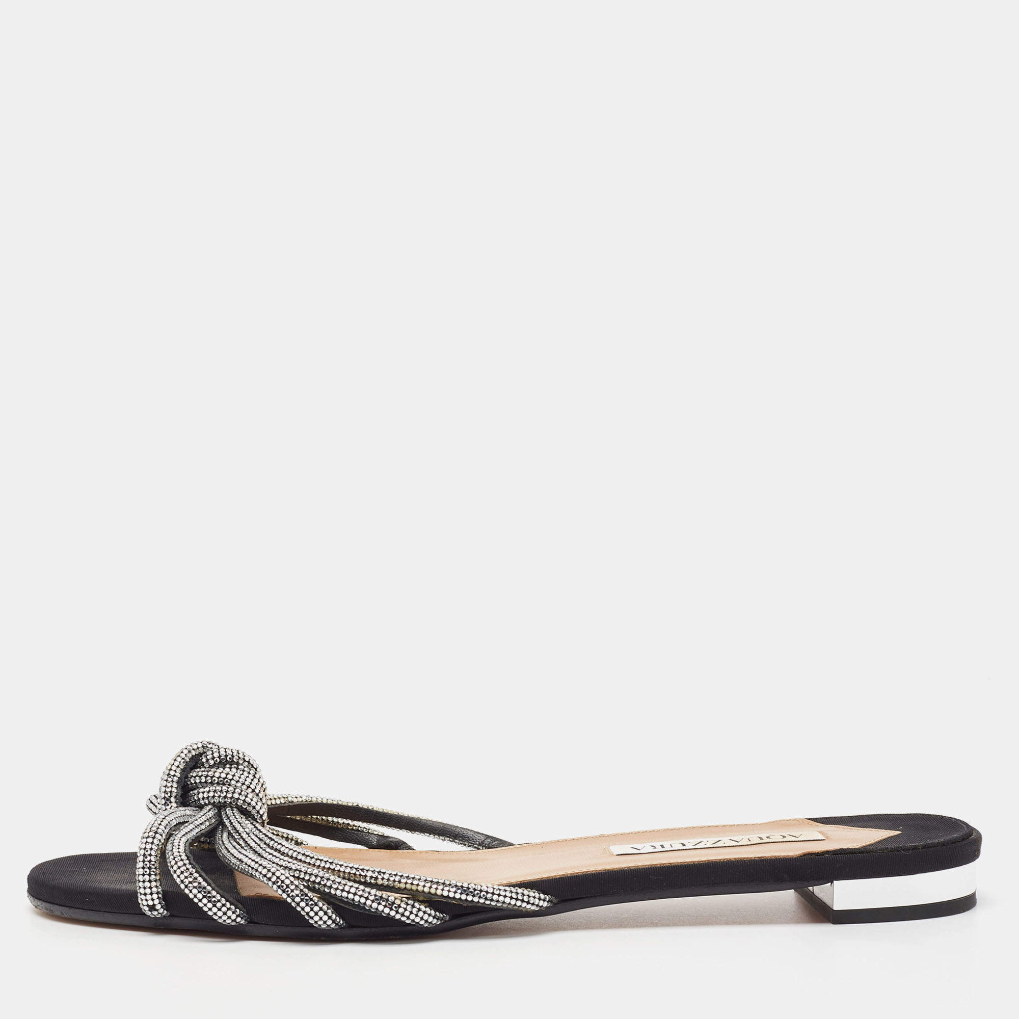 Pre Owned Aquazzura Black Glitter Crystal Embellished Slide Flats Size 39