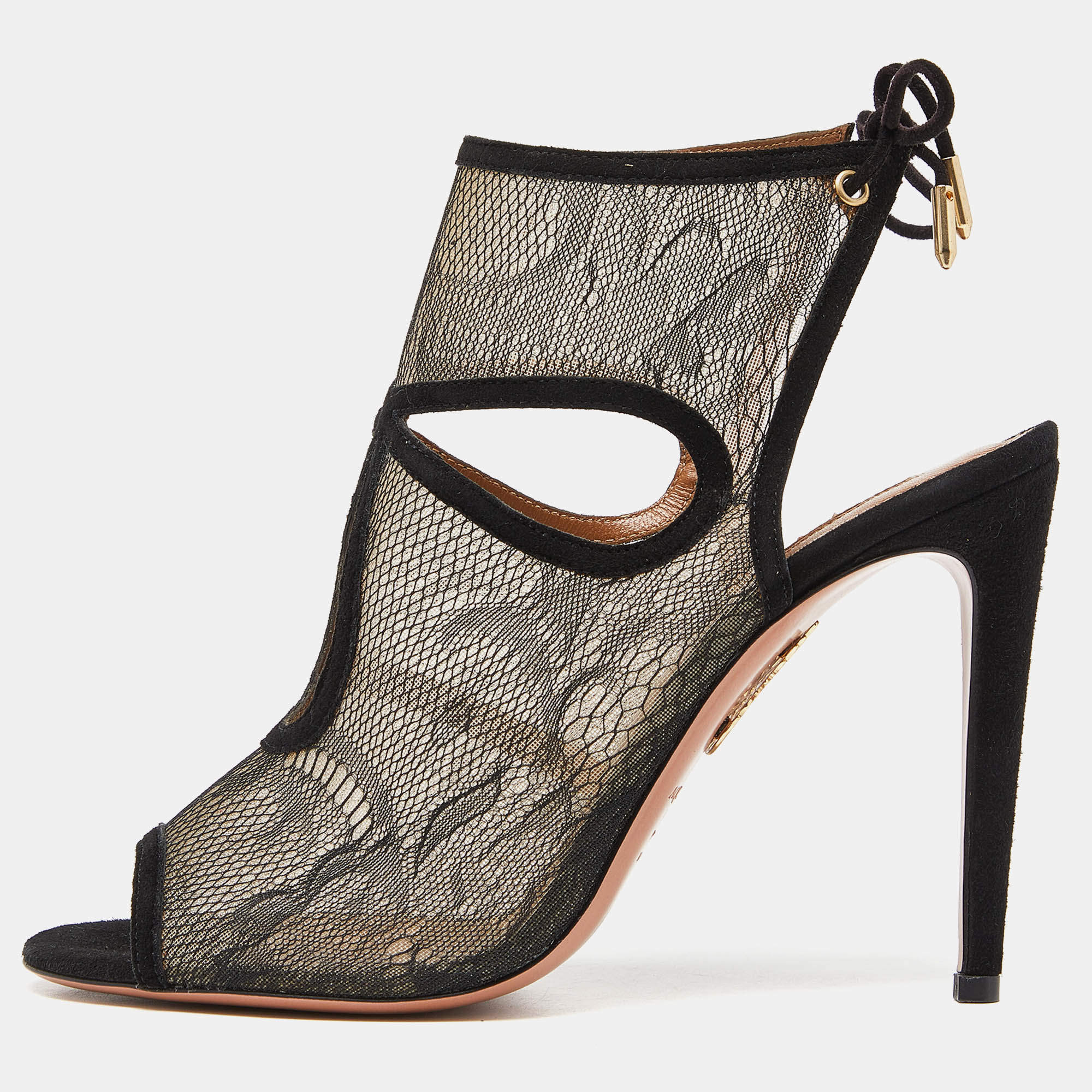 Pre Owned Aquazzura Black Lace and Suede Sexy Thing Sandals Size 38