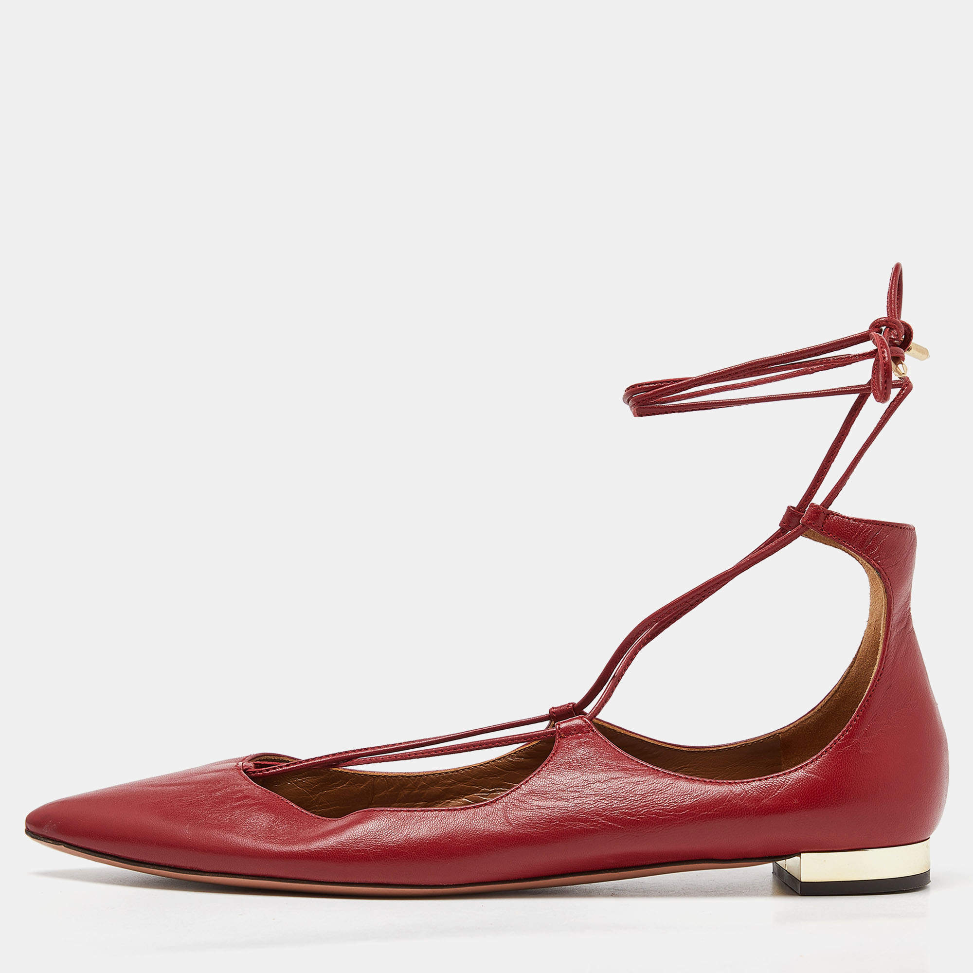 Pre Owned Aquazzura Red Leather Christy Ankle Tie Ballet Flats Size 40