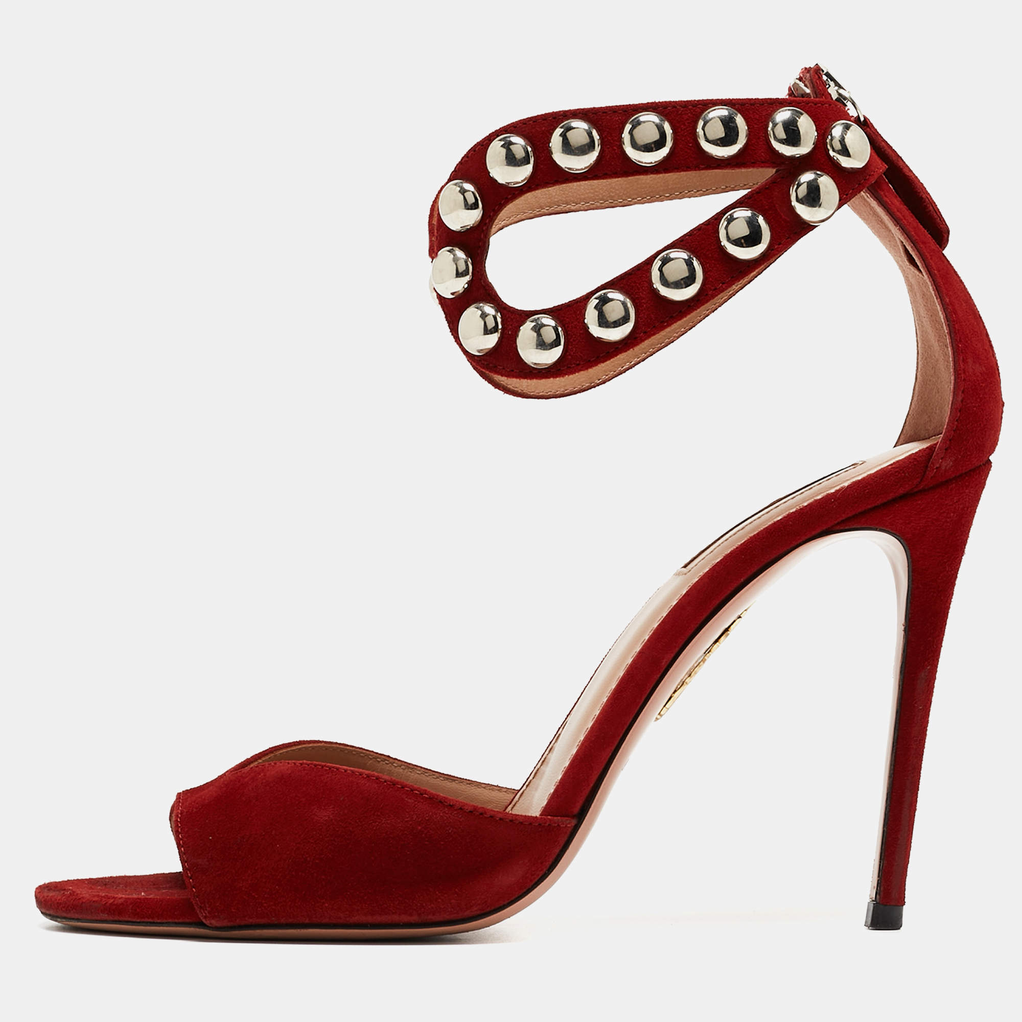 Pre Owned Aquazzura Red Suede Studded DJ Sandals Size 38
