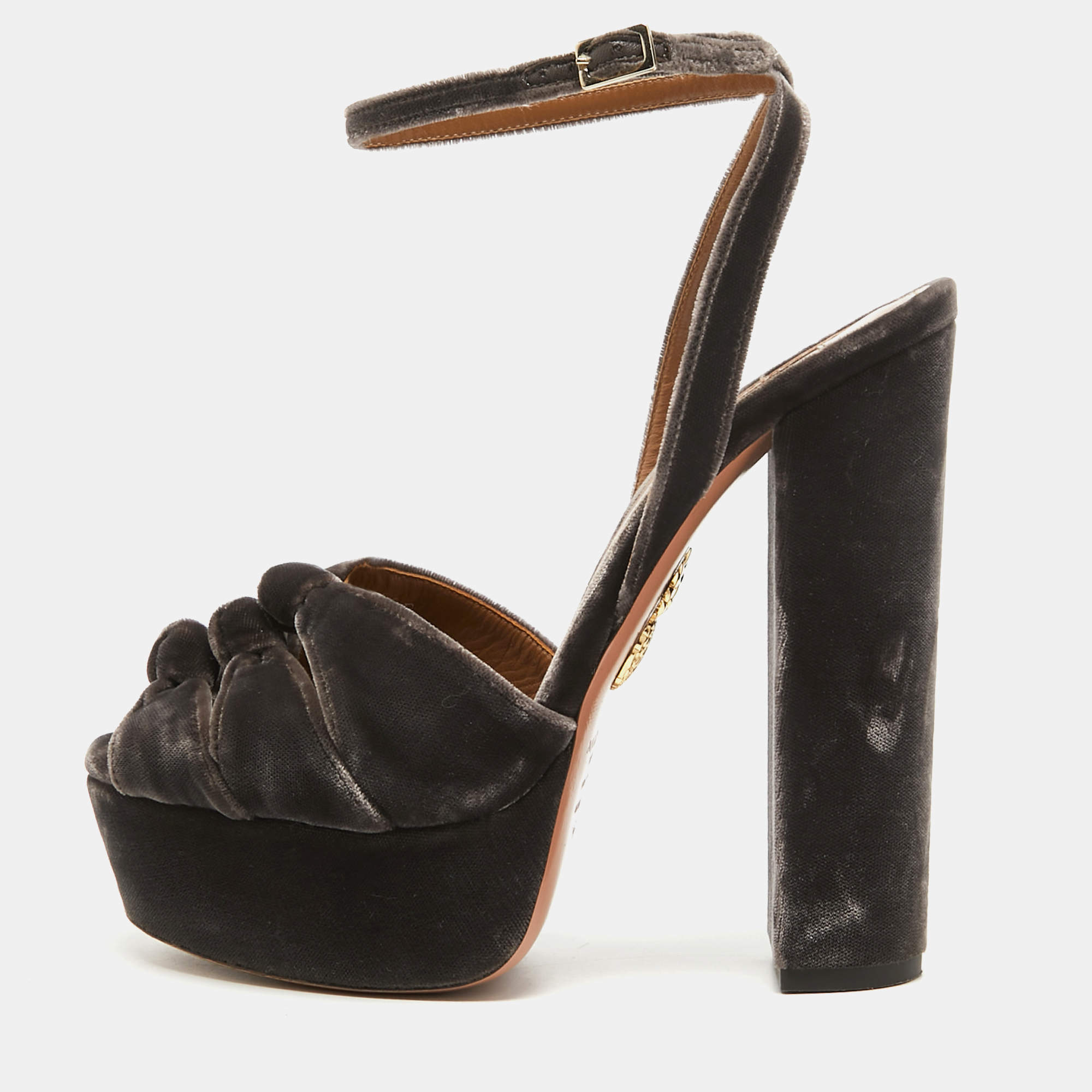 Pre Owned Aquazzura Brown Velvet Mira Block Heel Sandals Size 37