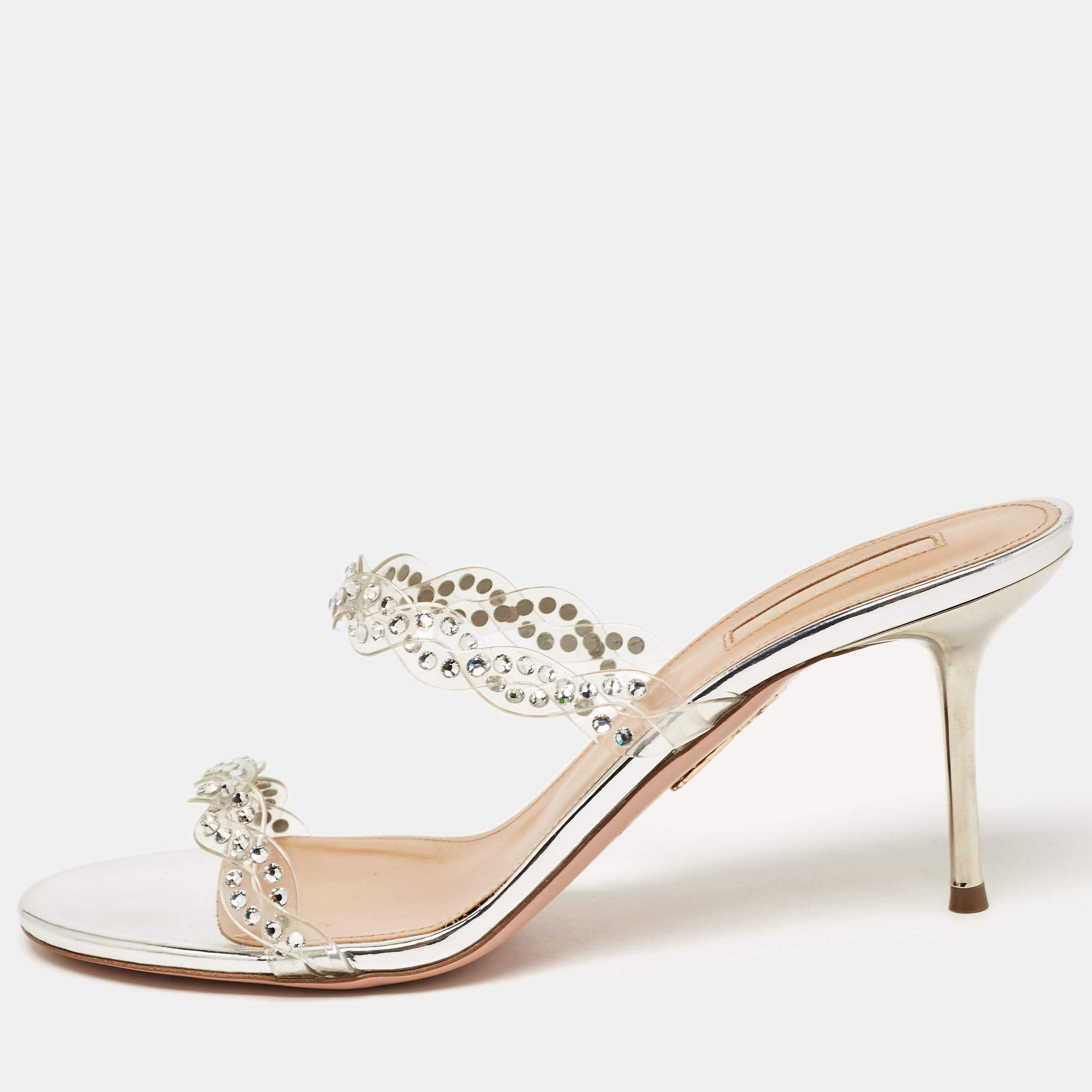 Aquazzura Transparent PVC and Crystal Embellished Strappy Slide Sandals Size 38