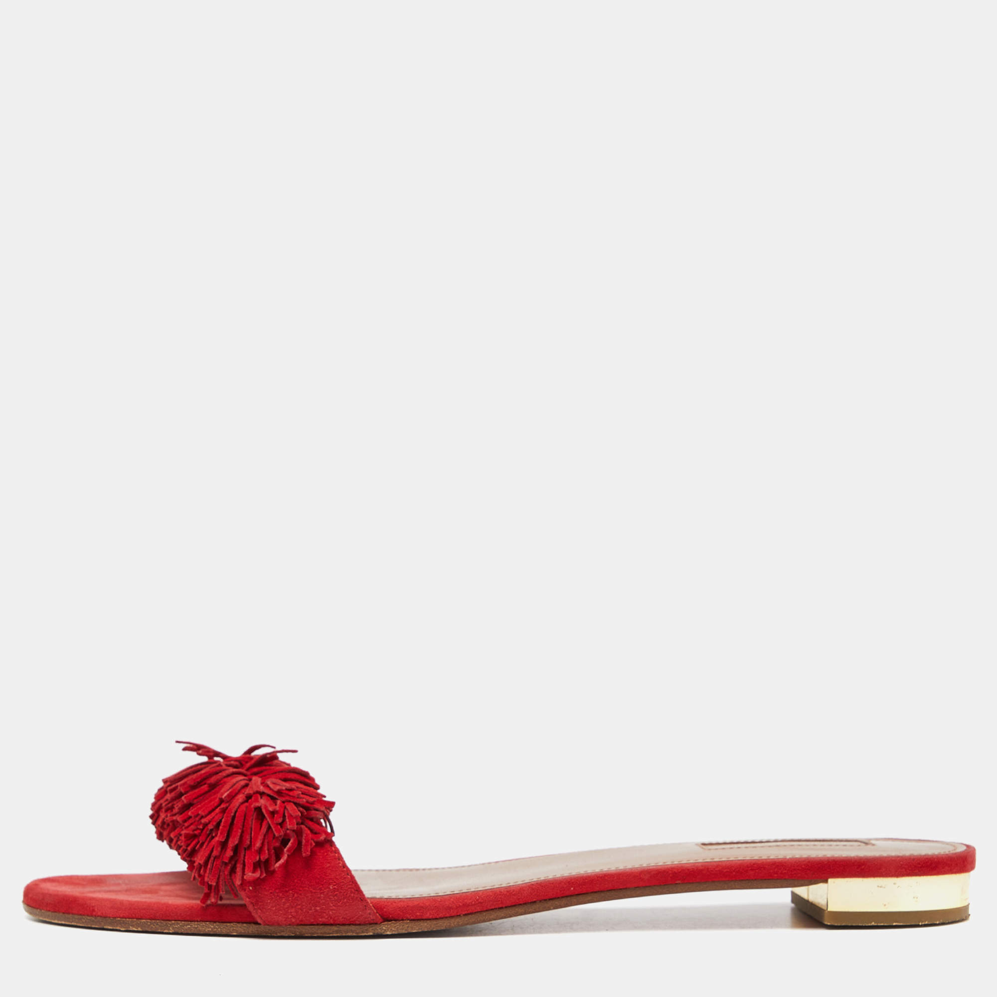 Pre Owned Aquazzura Red Suede Fringe Flat Slides Size 41