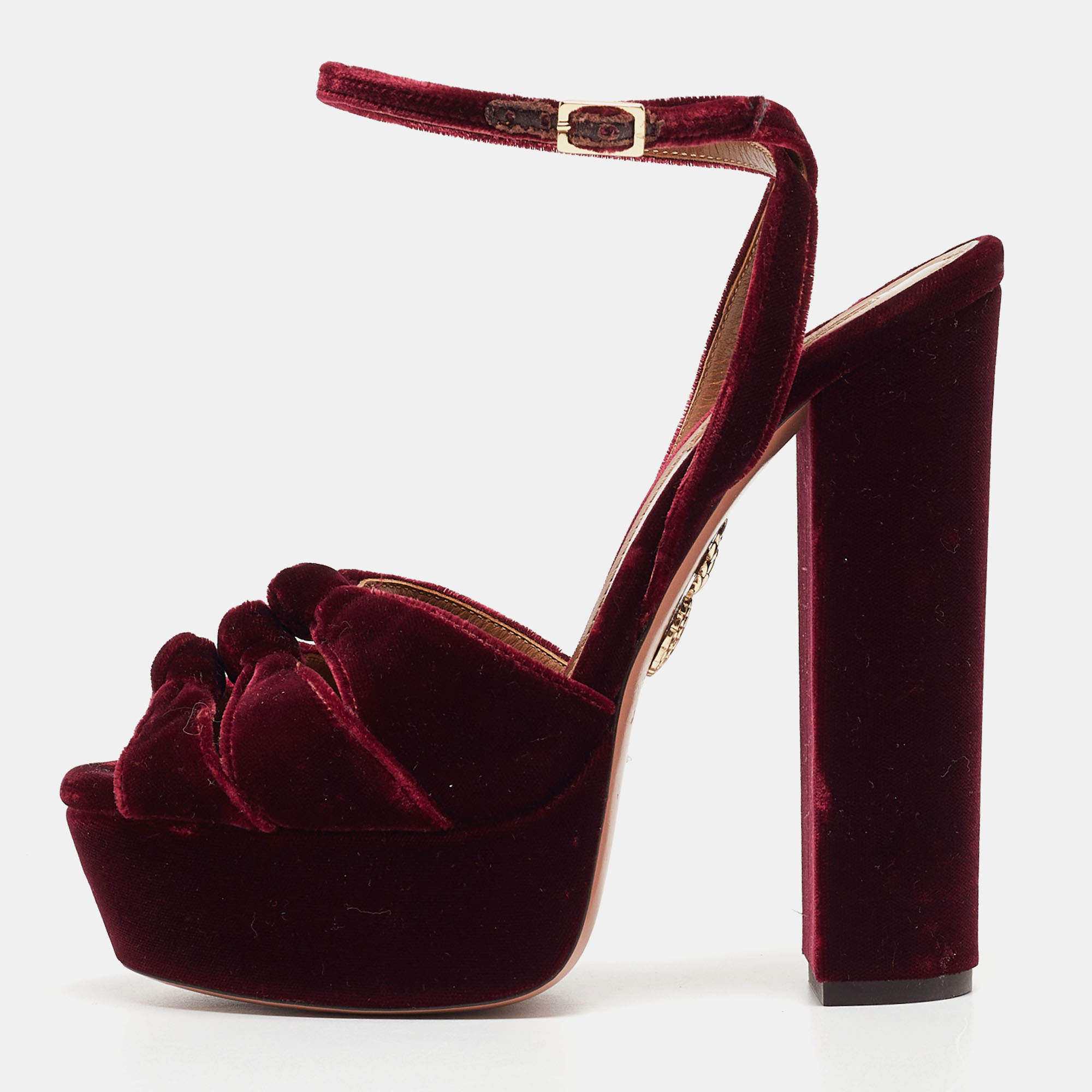 Pre Owned Aquazzura Burgundy Knotted Velvet Mira Sandals Size 36.5