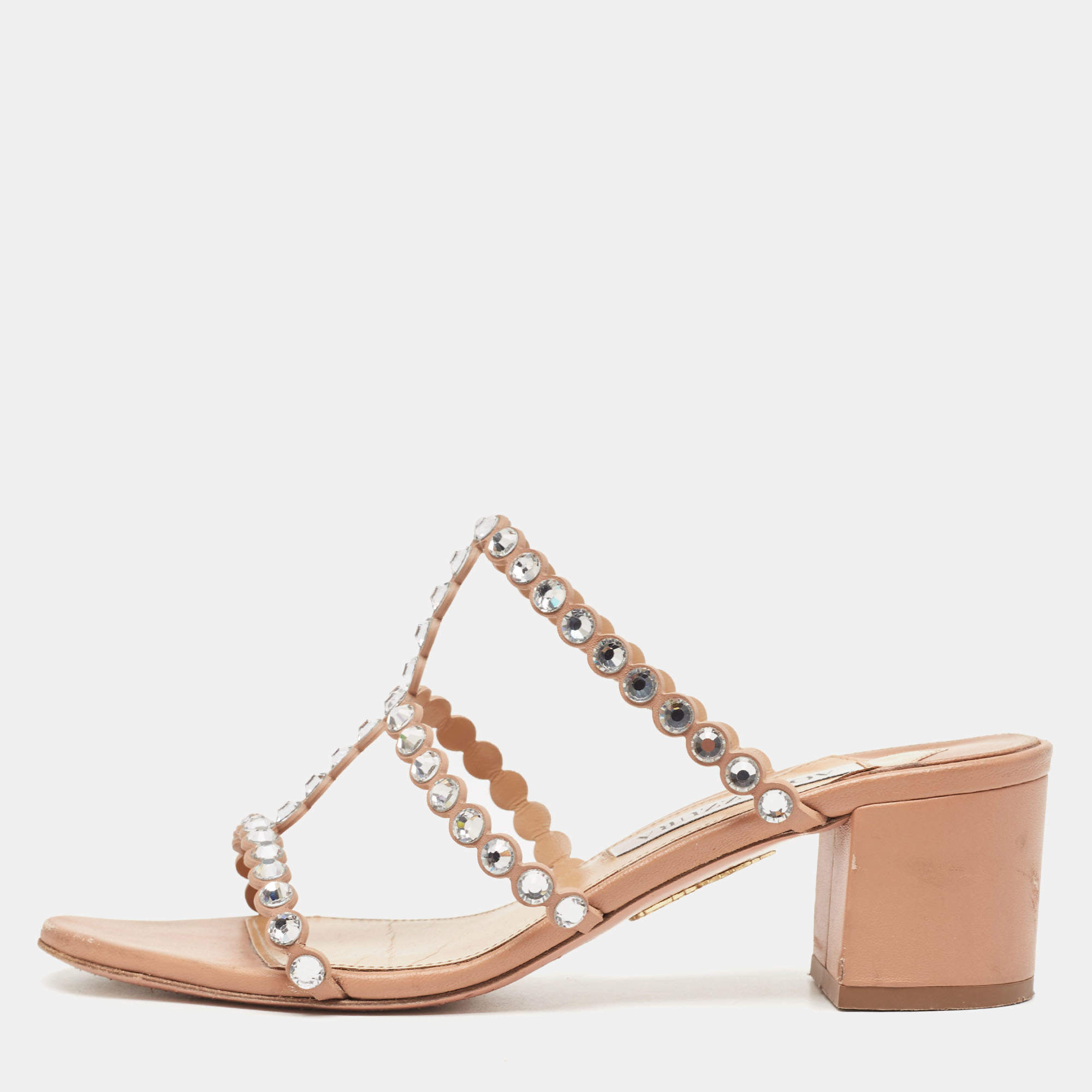 Pre Owned Aquazzura Beige Leather Crystal Embellished Slides Size 36